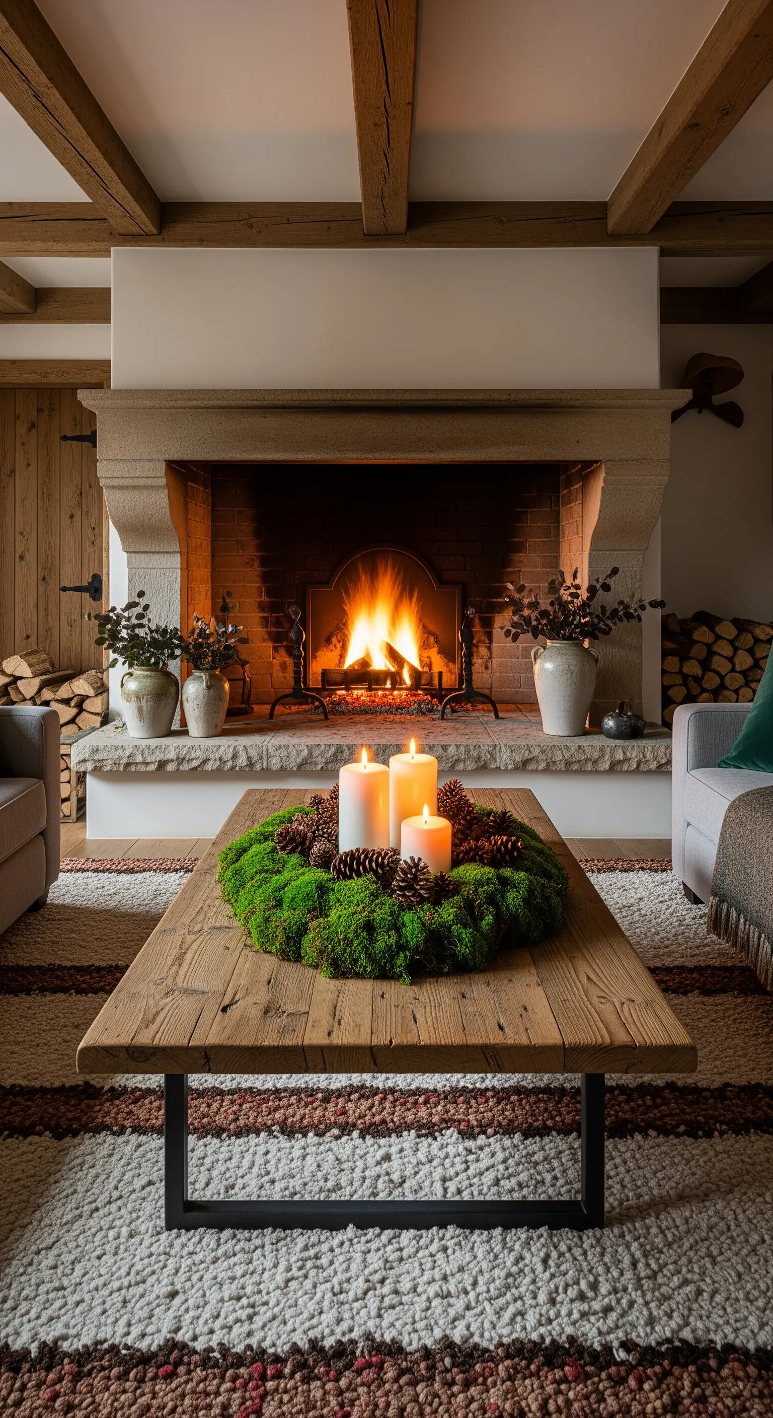 Mooskranz mit Stumpenkerzen auf Holztisch vor rustikalem Kamin