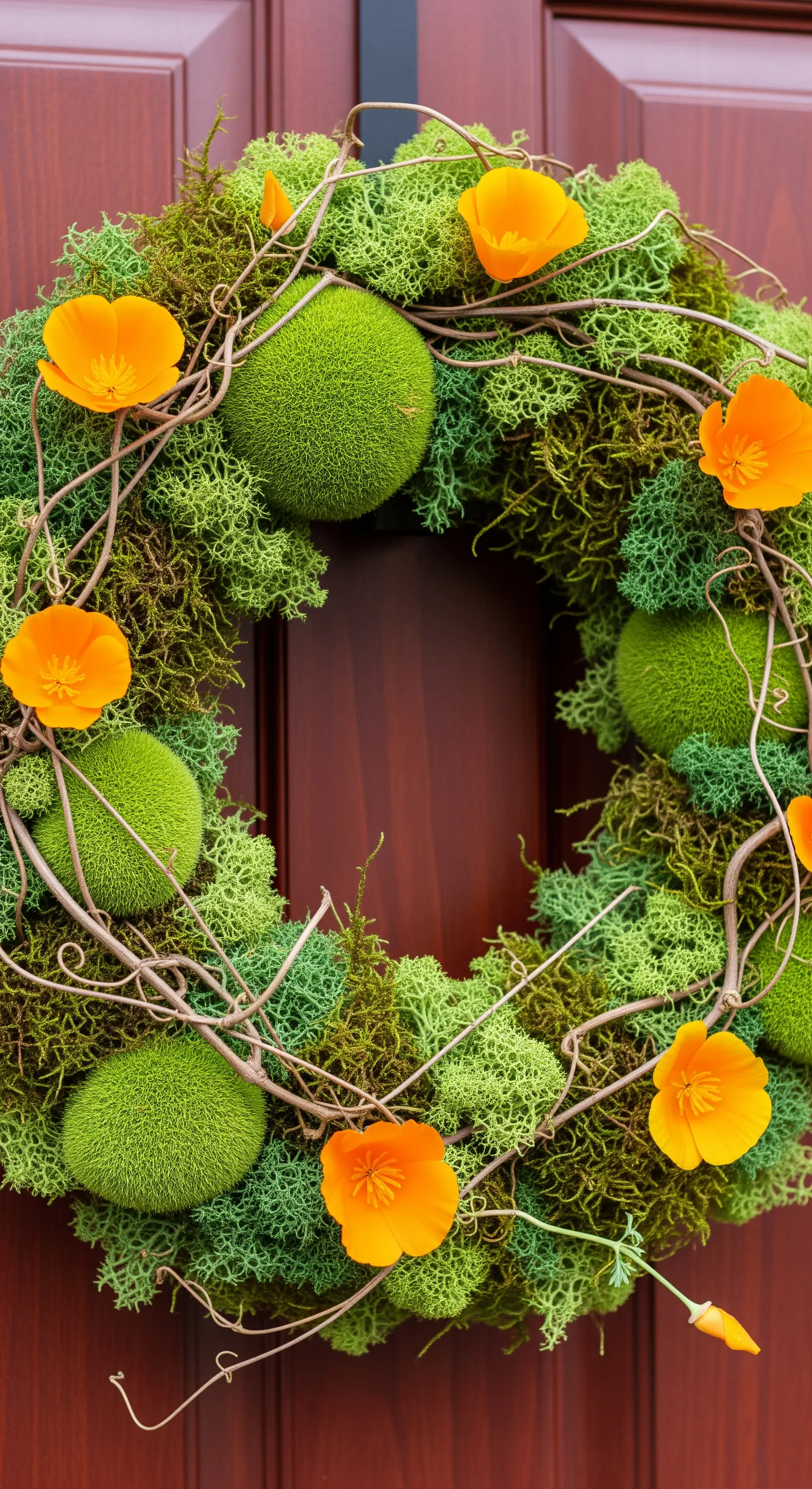 Moderner Mooskranz mit grünen Kugeln und orangen Mohnblüten