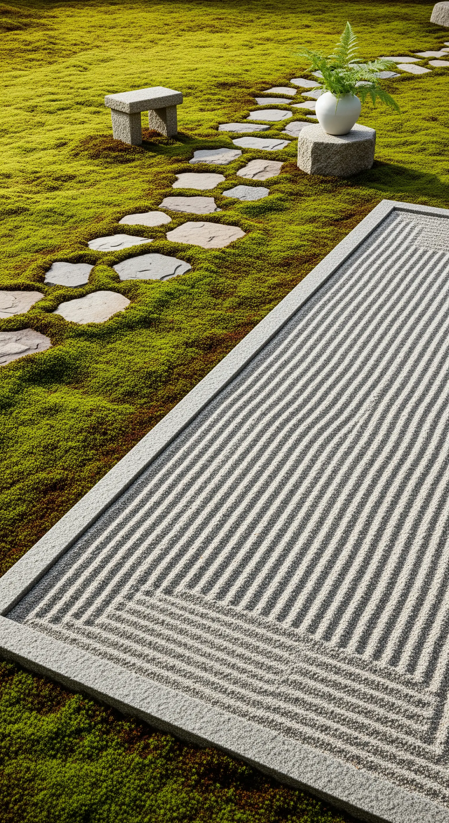 Japandi-Garten mit Moos, Trittsteinen und rechteckigem Sandfeld.