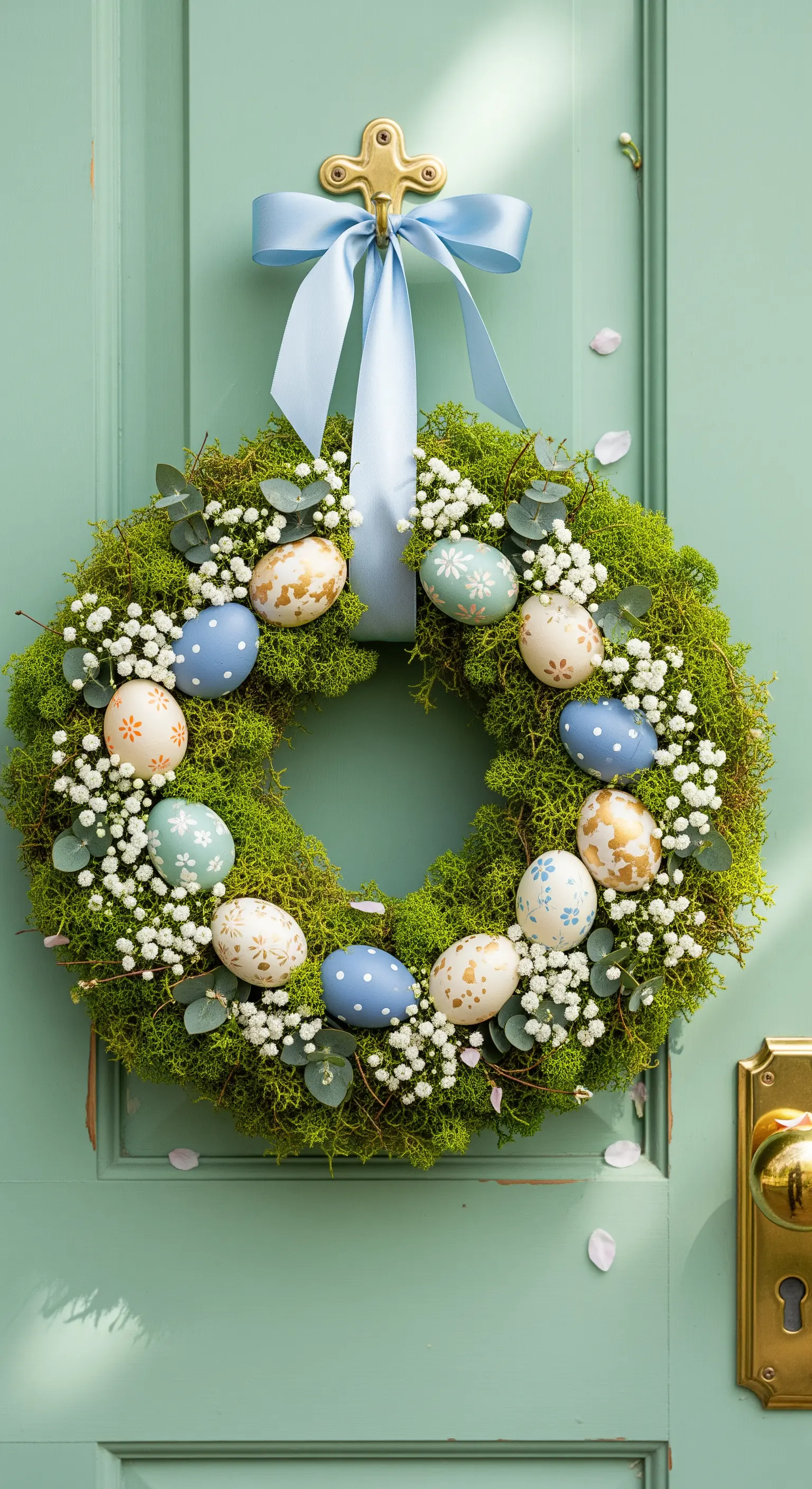 Mooskranz mit pastellfarbenen Osternestern, blauen Eiern und Schleierkraut an türkiser Tür.