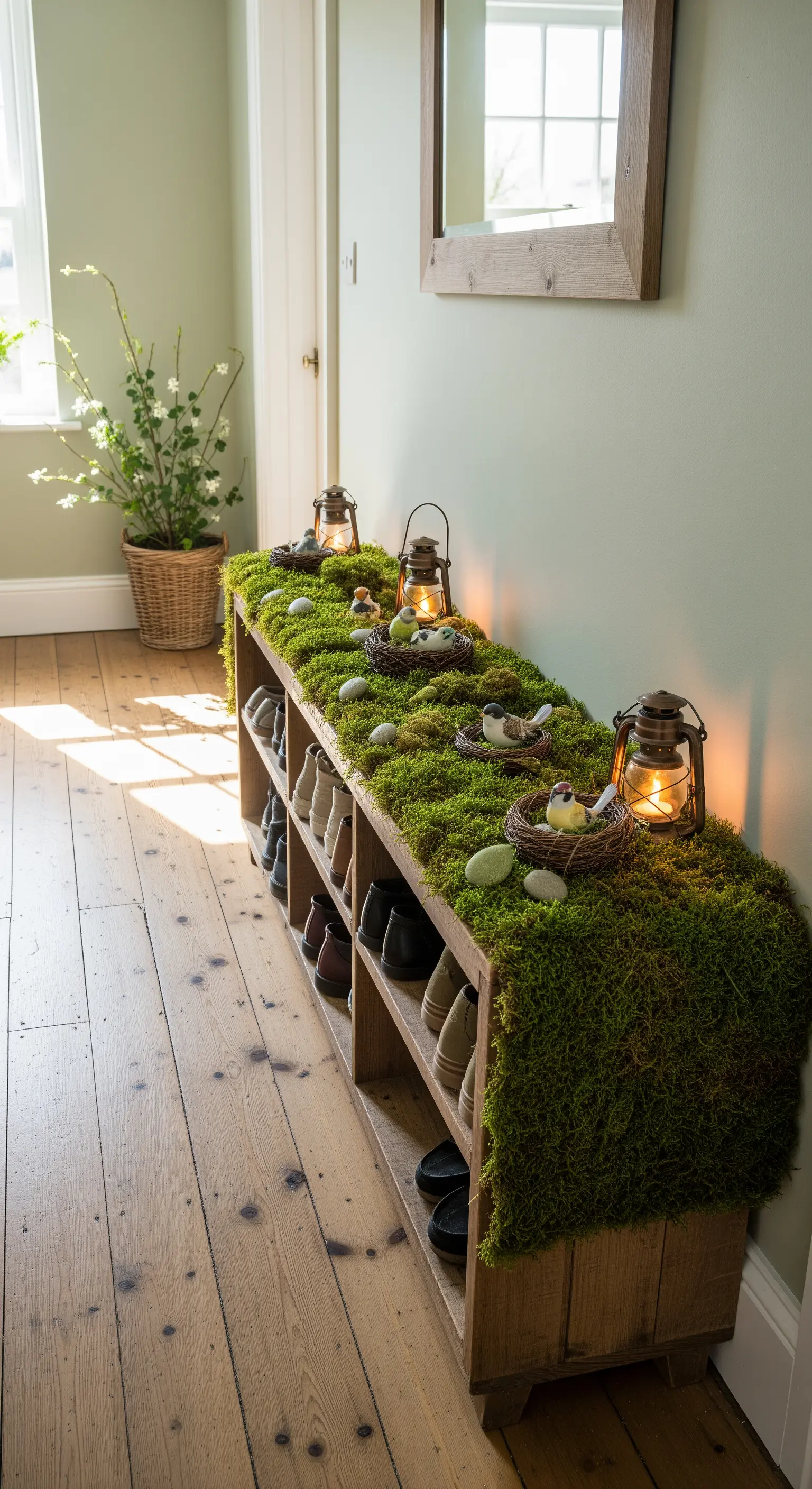 Schuhbank mit Moos bedeckt, kleinen Nestern, Eiern und Laternen
