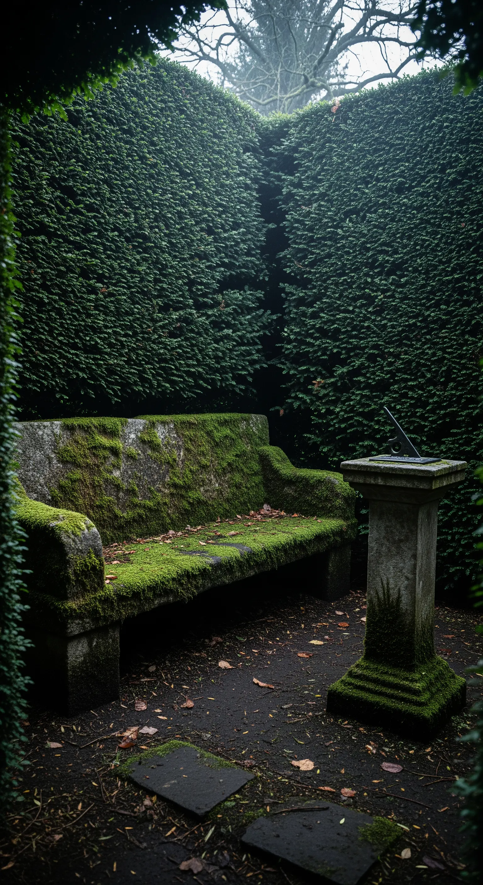 Moosbedeckte Steinbank und Sonnenuhr in einem dunklen, dichten Heckenlabyrinth