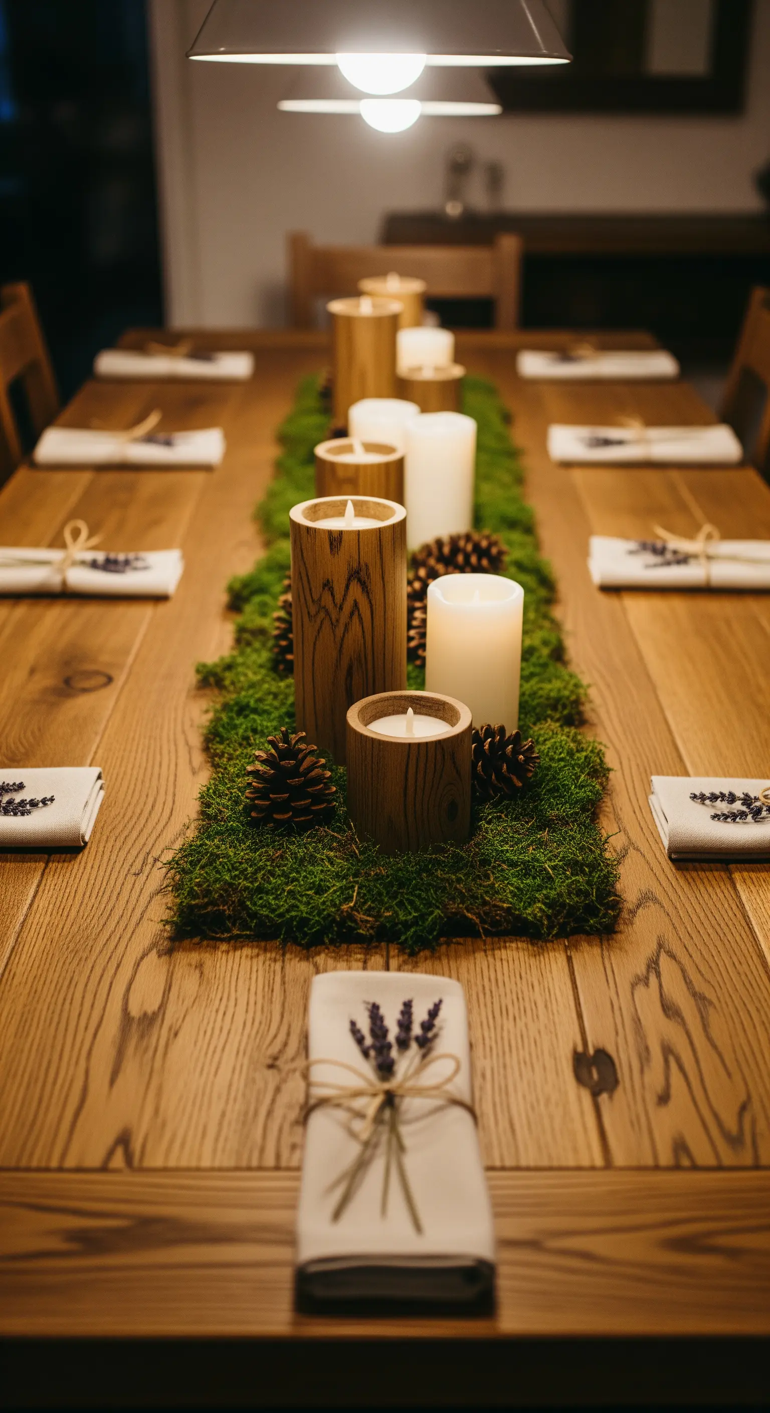 Tischläufer aus Moos mit Holzkrezen, Tannenzapfen und Lavendelzweigen auf Servietten