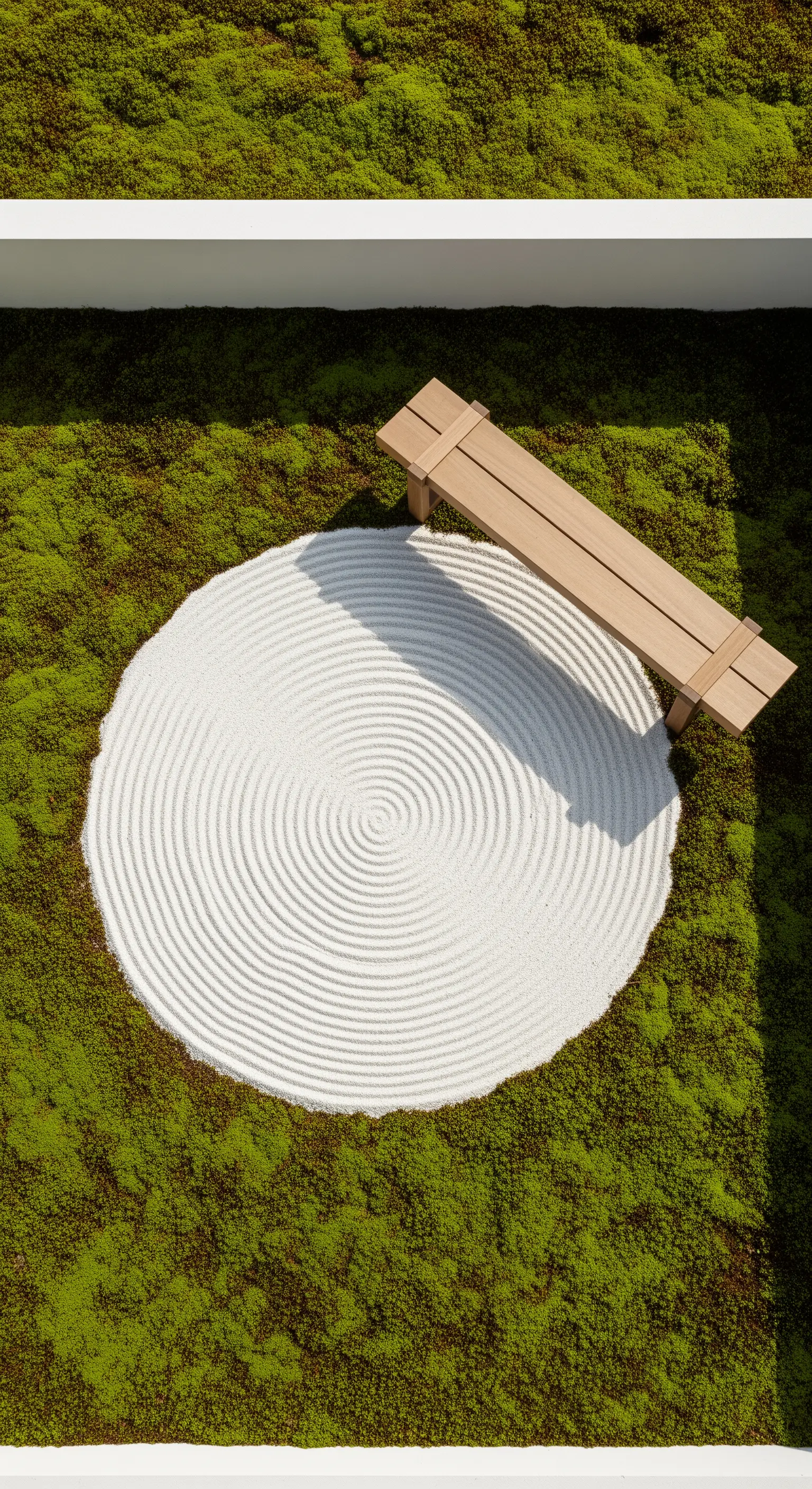 Ansicht von oben: Weißer Kieskreis auf Moosfläche mit Holzbank