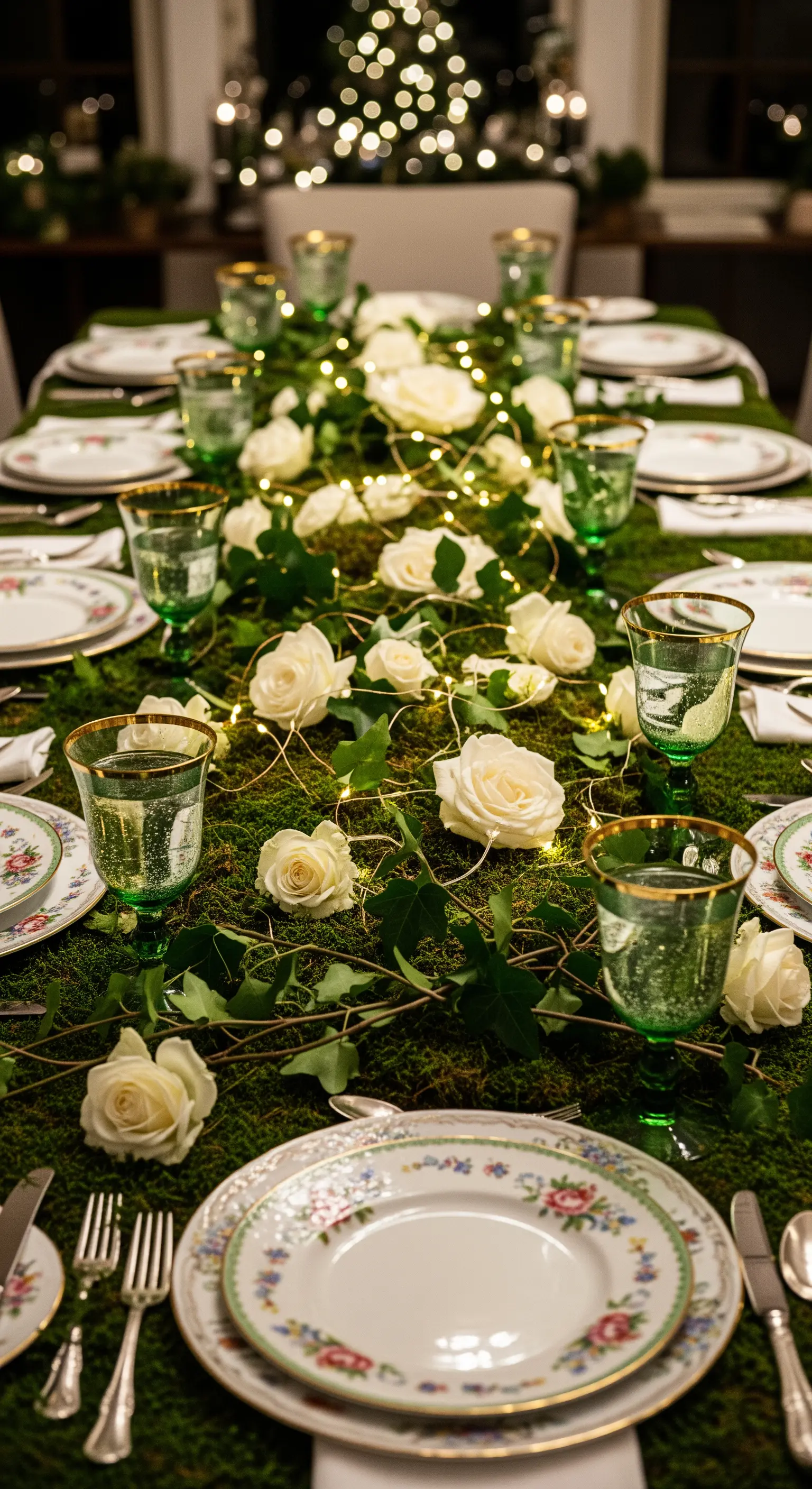 Tisch mit Moos, weißen Rosen, Lichterketten und grünen Weingläsern