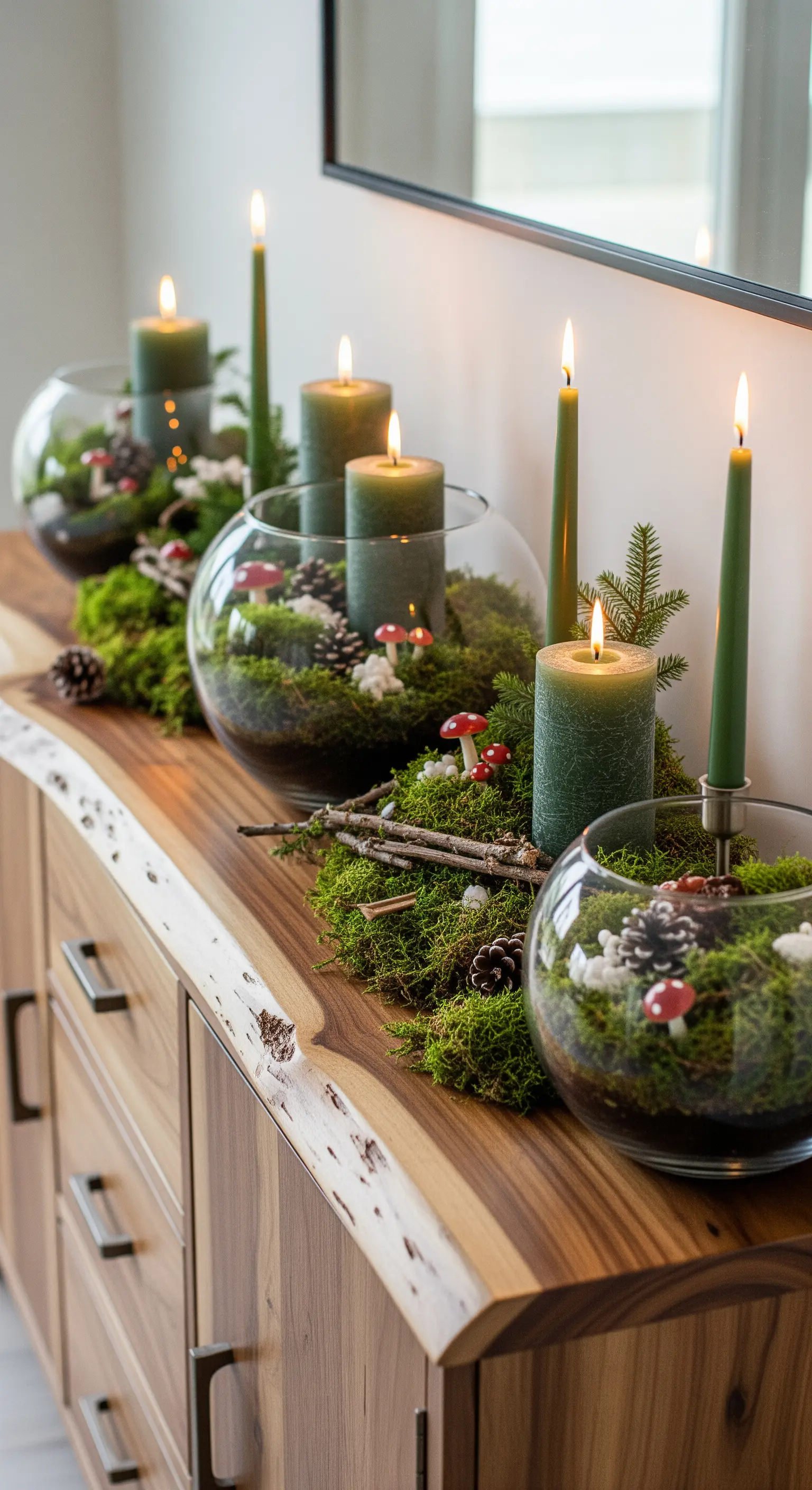 Weihnachtsdeko mit Moos, Pilzen und grünen Kerzen in Glasschalen.