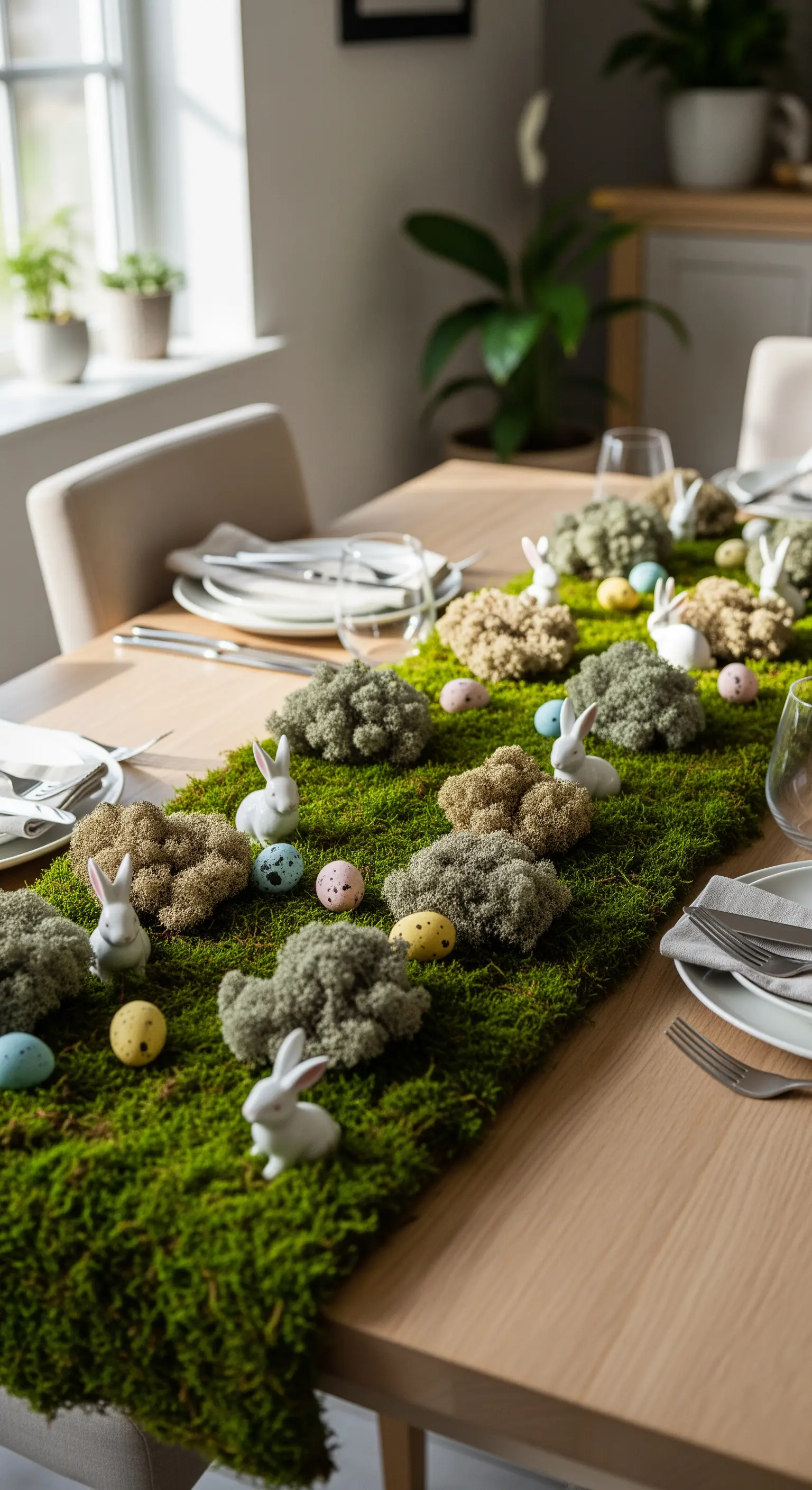 Tischläufer aus Moos mit kleinen Hasenfiguren und Ostereiern
