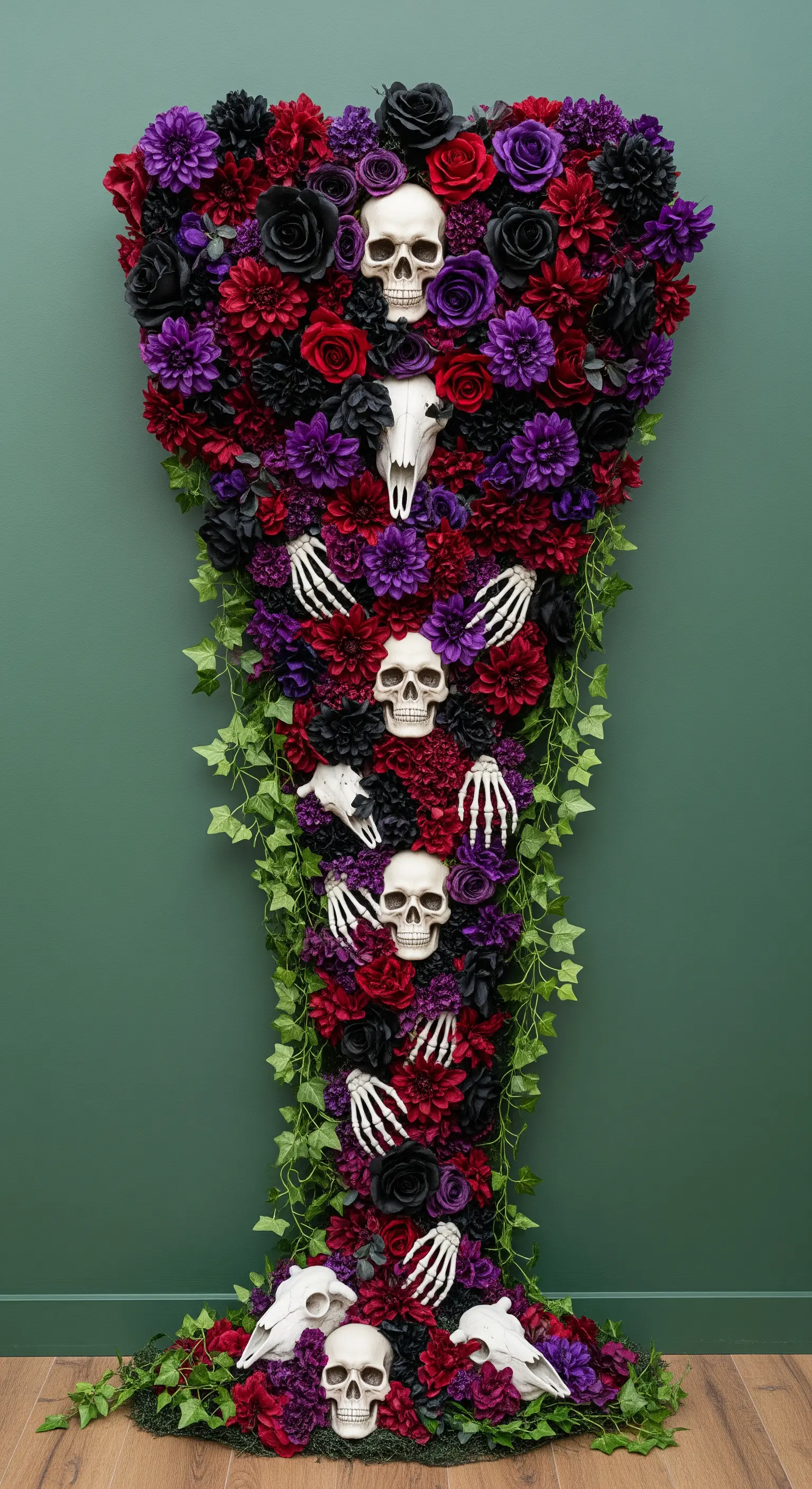 Ein großes, sargförmiges Blumenarrangement mit Schädeln und Skeletthänden.