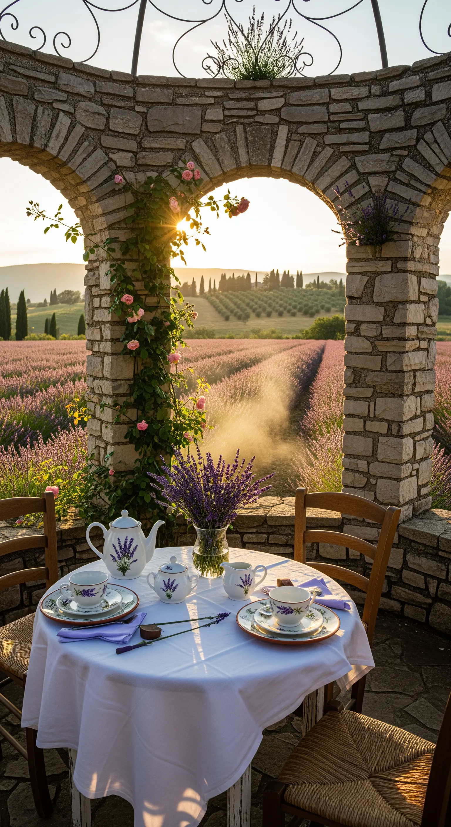 Tisch in Steinlaube mit Teeservice und Lavendelstrauß vor Lavendelfeld