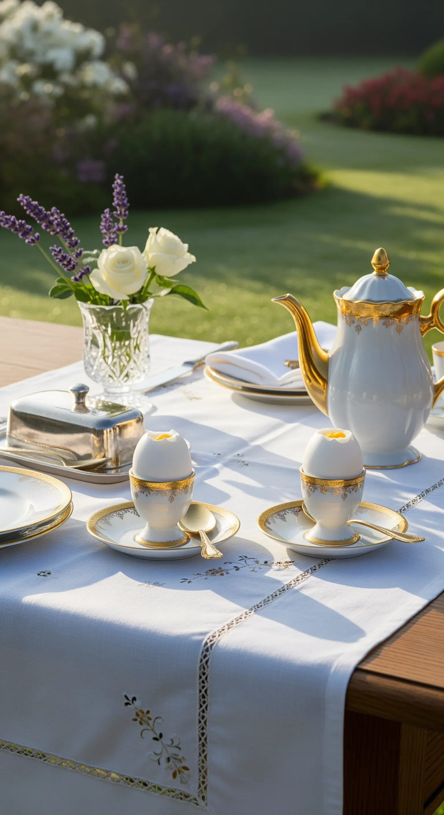 Frühstückstisch im Garten mit gold-weißem Porzellan, Rosen, Teekanne und Läufer