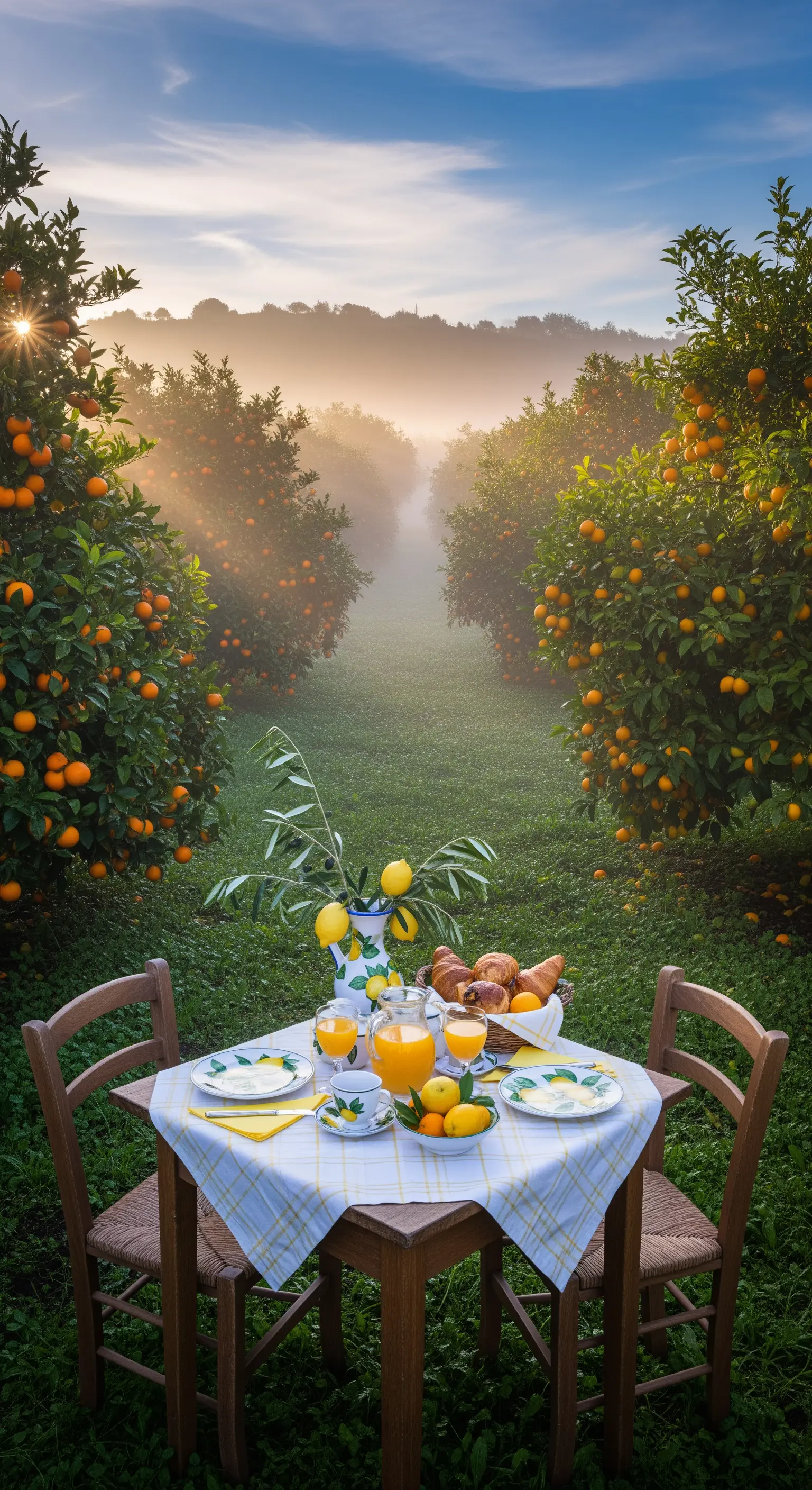 Tisch im Orangenhain bei Sonnenaufgang mit karierter Tischdecke und Zitronen-Geschirr