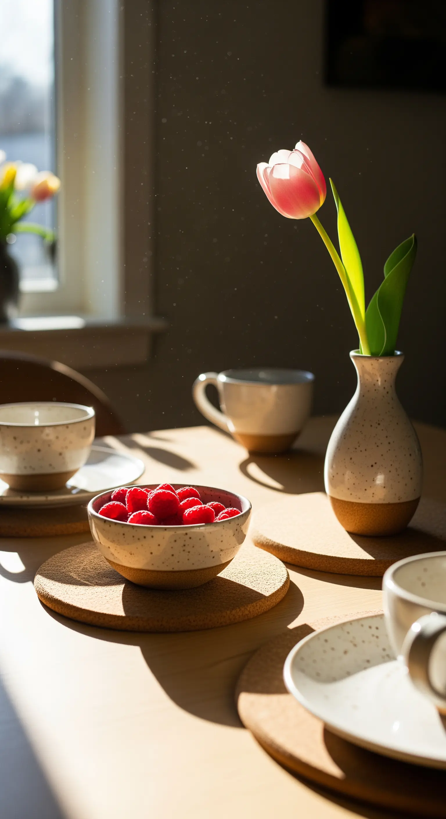 Frühstückstisch mit Kork-Platzsets, Keramikgeschirr, Himbeeren und einer rosa Tulpe