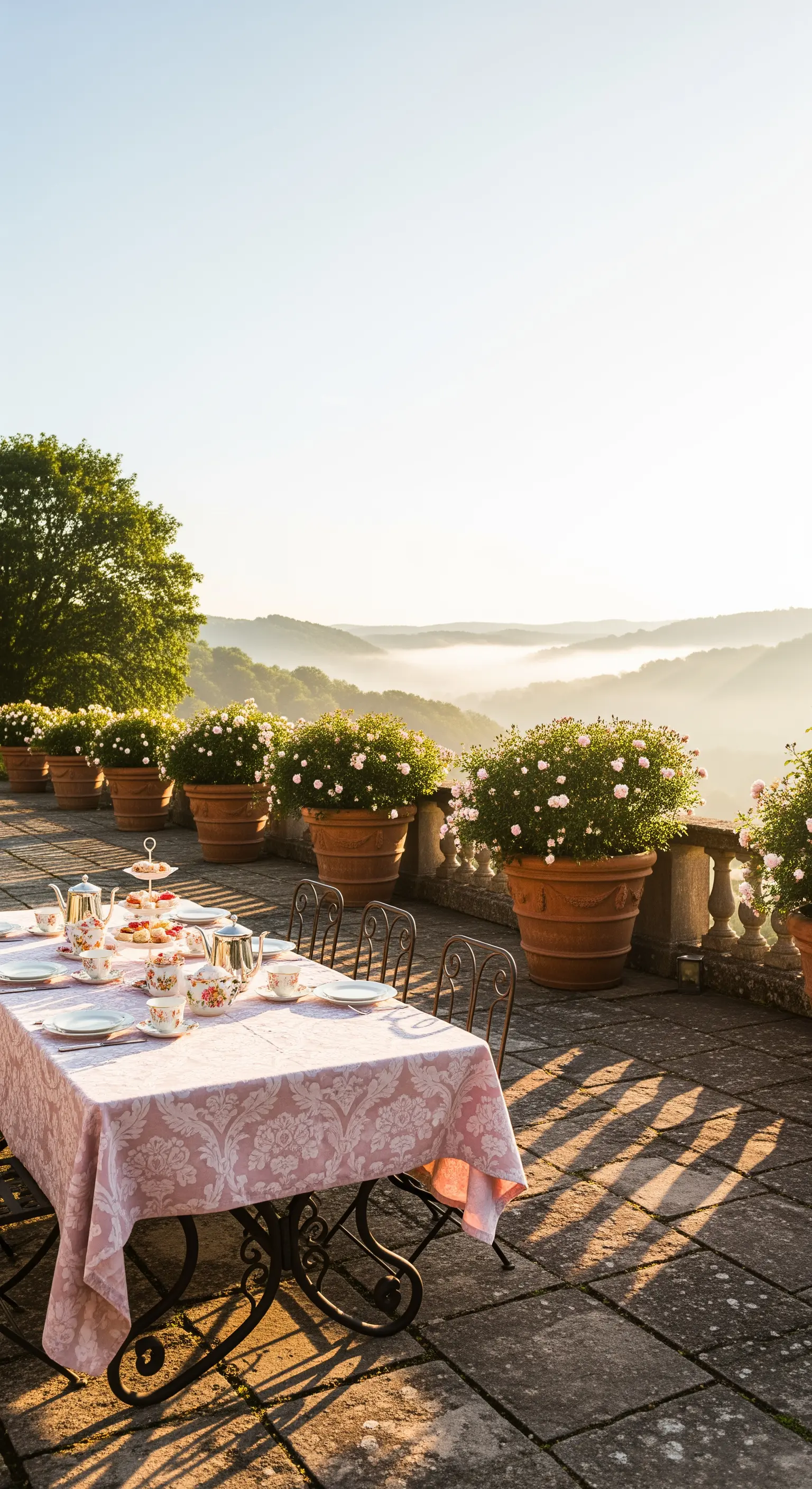 Teetisch auf Terrasse mit Rosen in Terrakottatöpfen und Bergblick