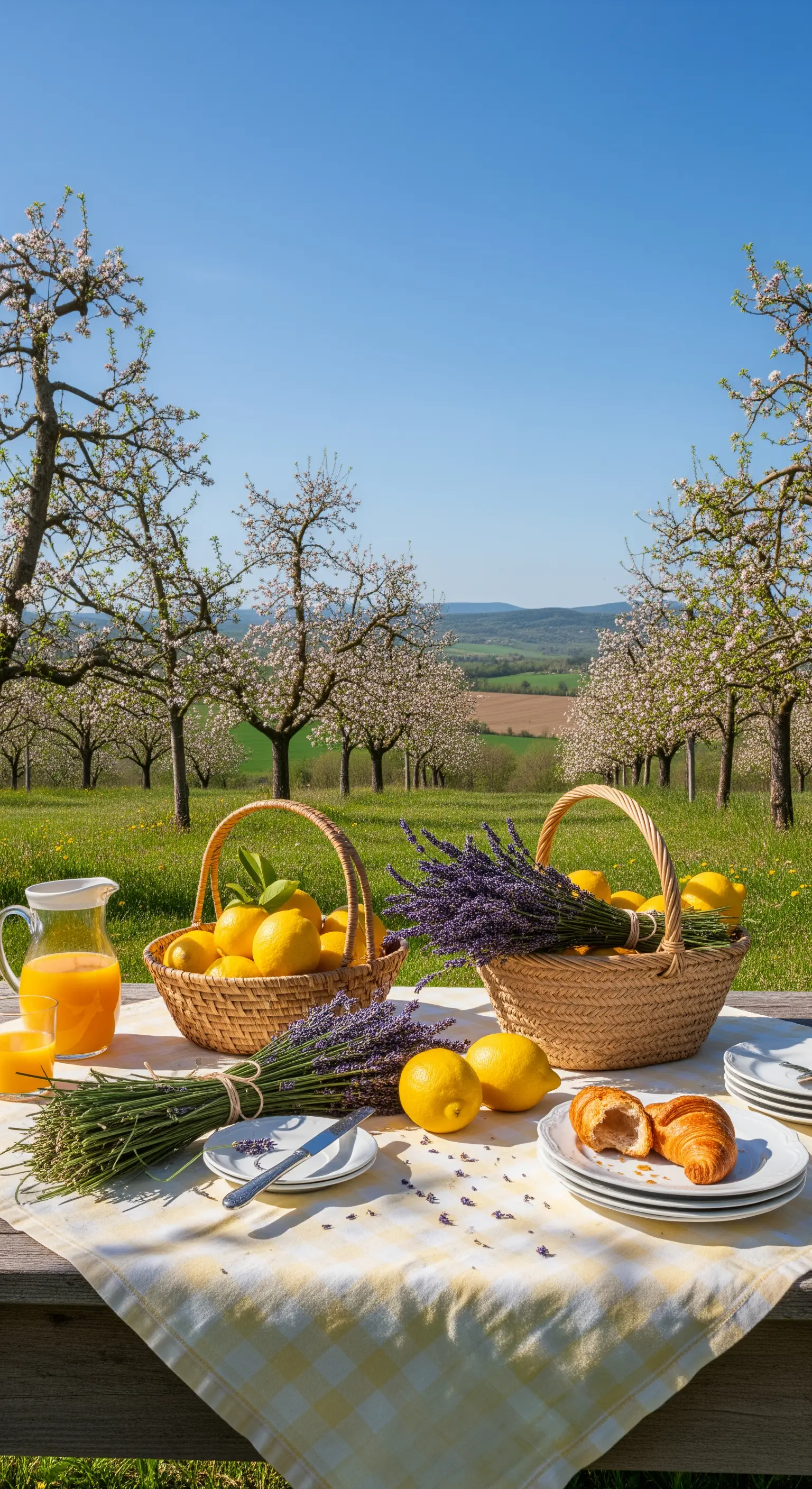 Picknicktisch im Obstgarten mit gelb-karierter Decke, Zitronen und Lavendel in Körben