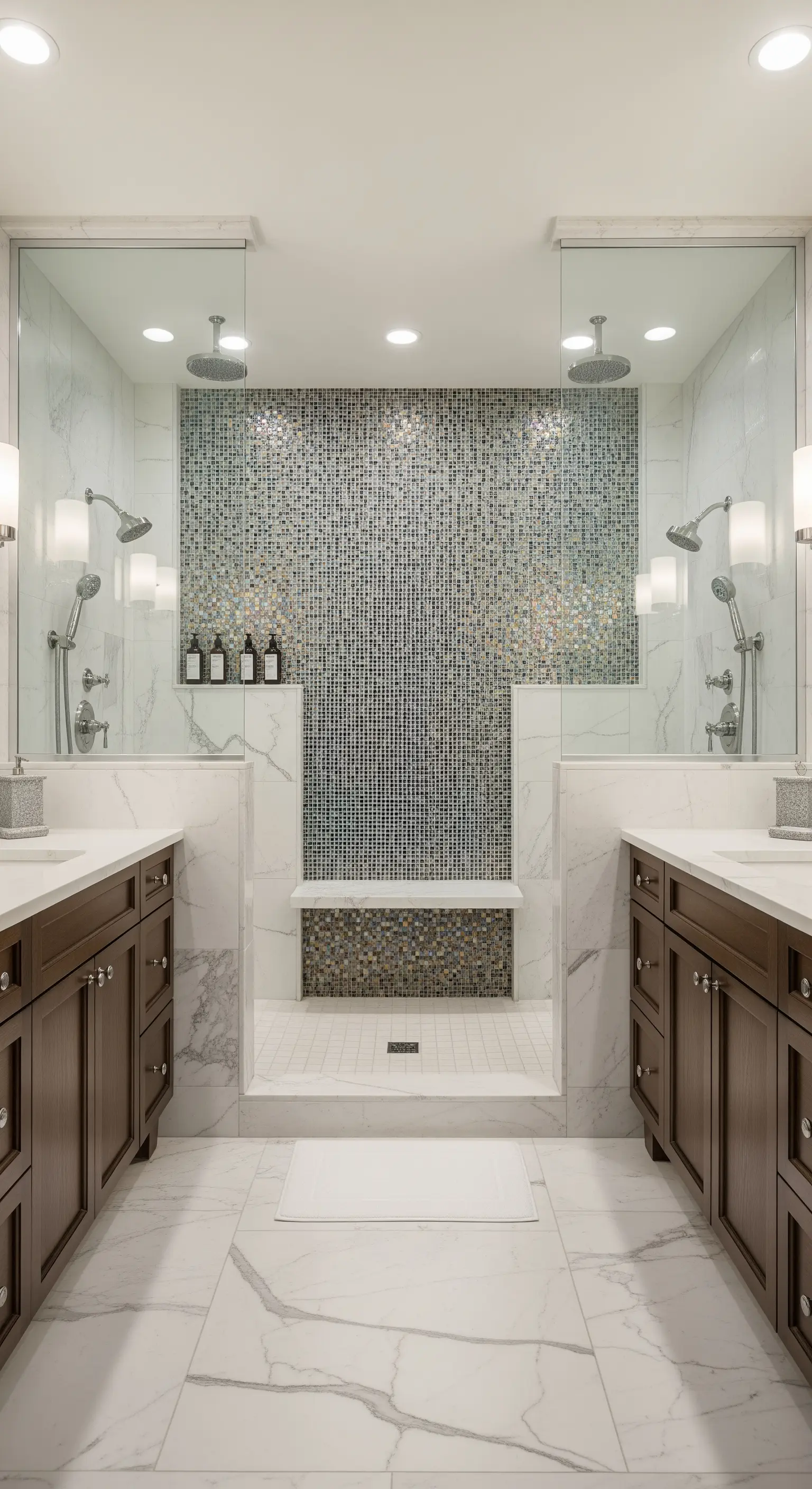 Symmetrische Dusche mit einer schimmernden Mosaikwand als zentralem Blickfang