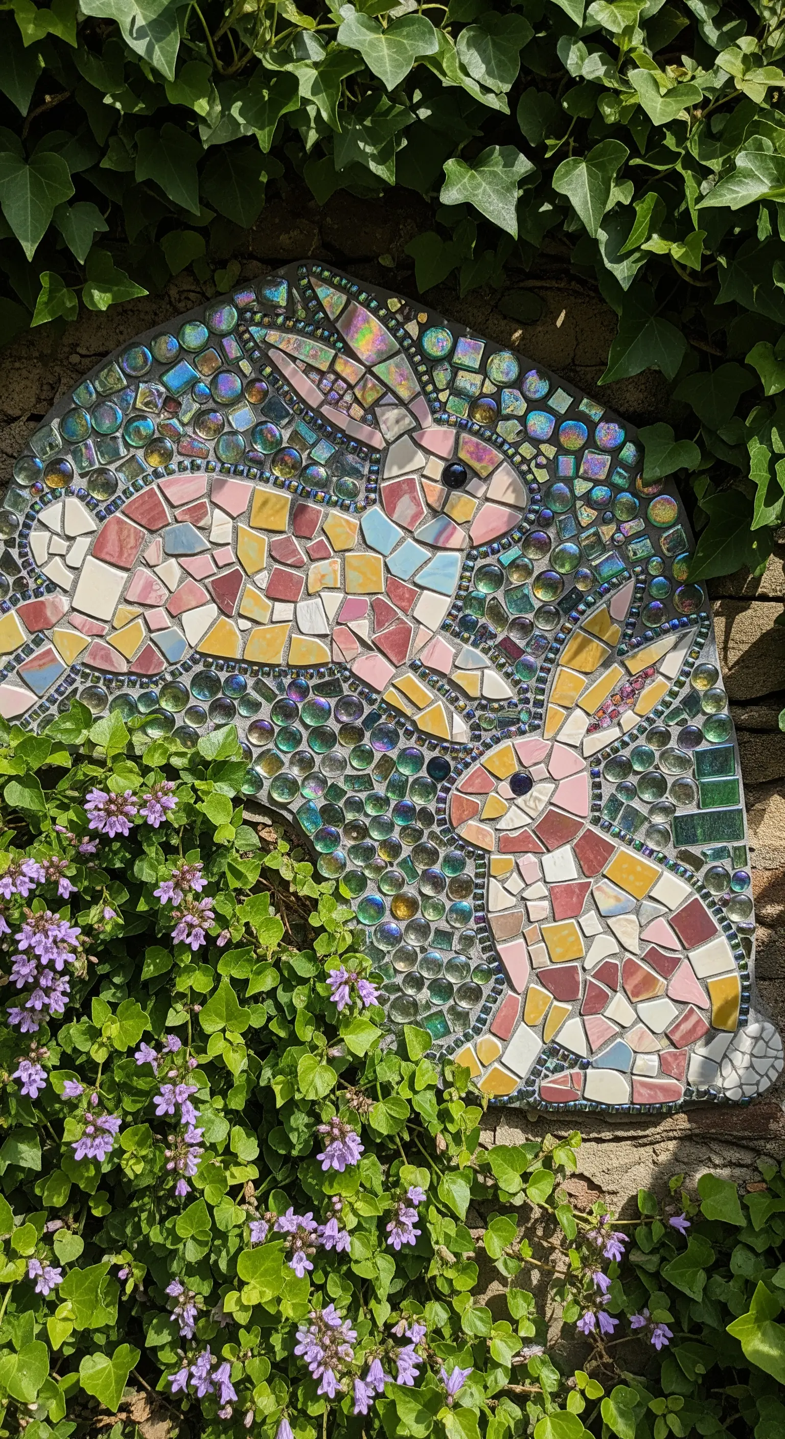 Mosaik-Hasen aus bunten Fliesen an einer Gartenwand mit Efeu