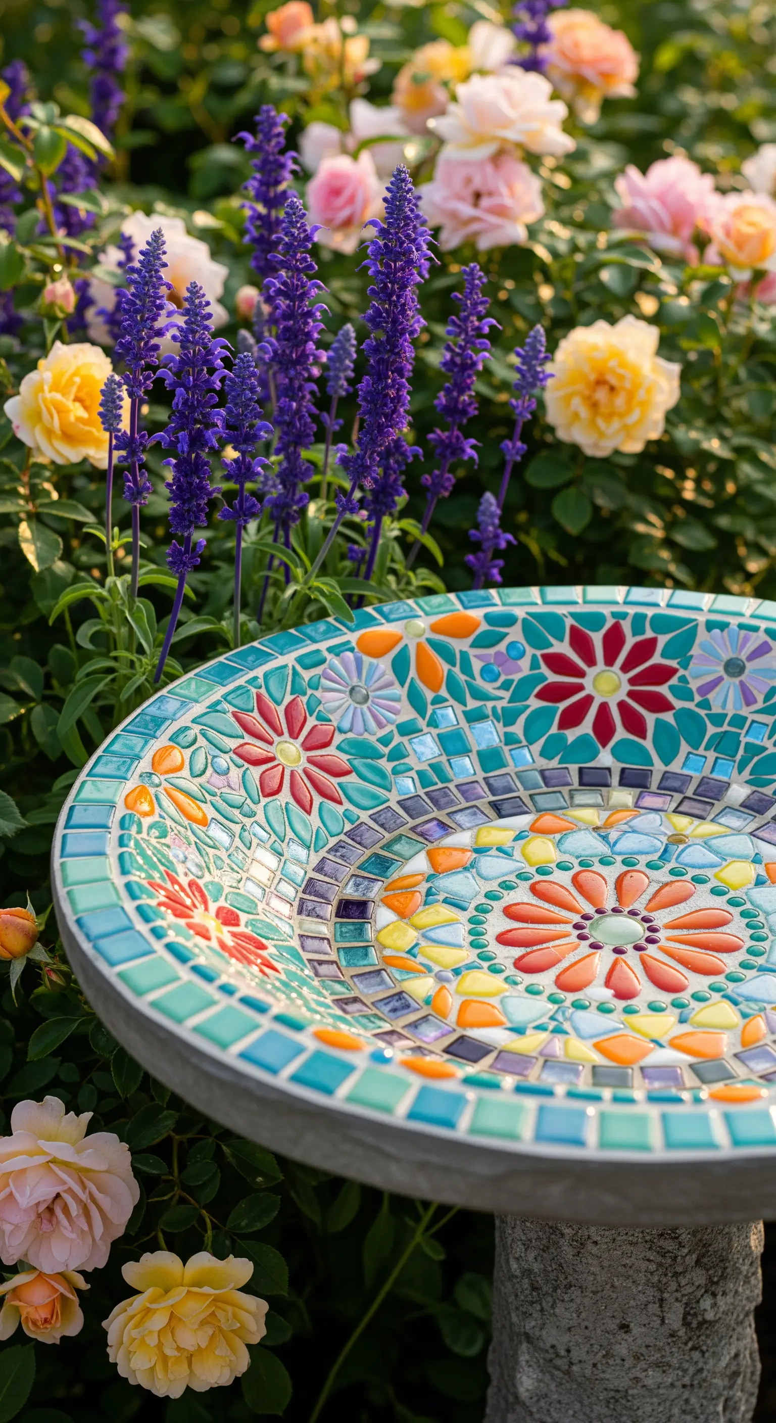 Vogeltränke mit bunter Mosaikverzierung, umgeben von gelben Rosen und Lavendel