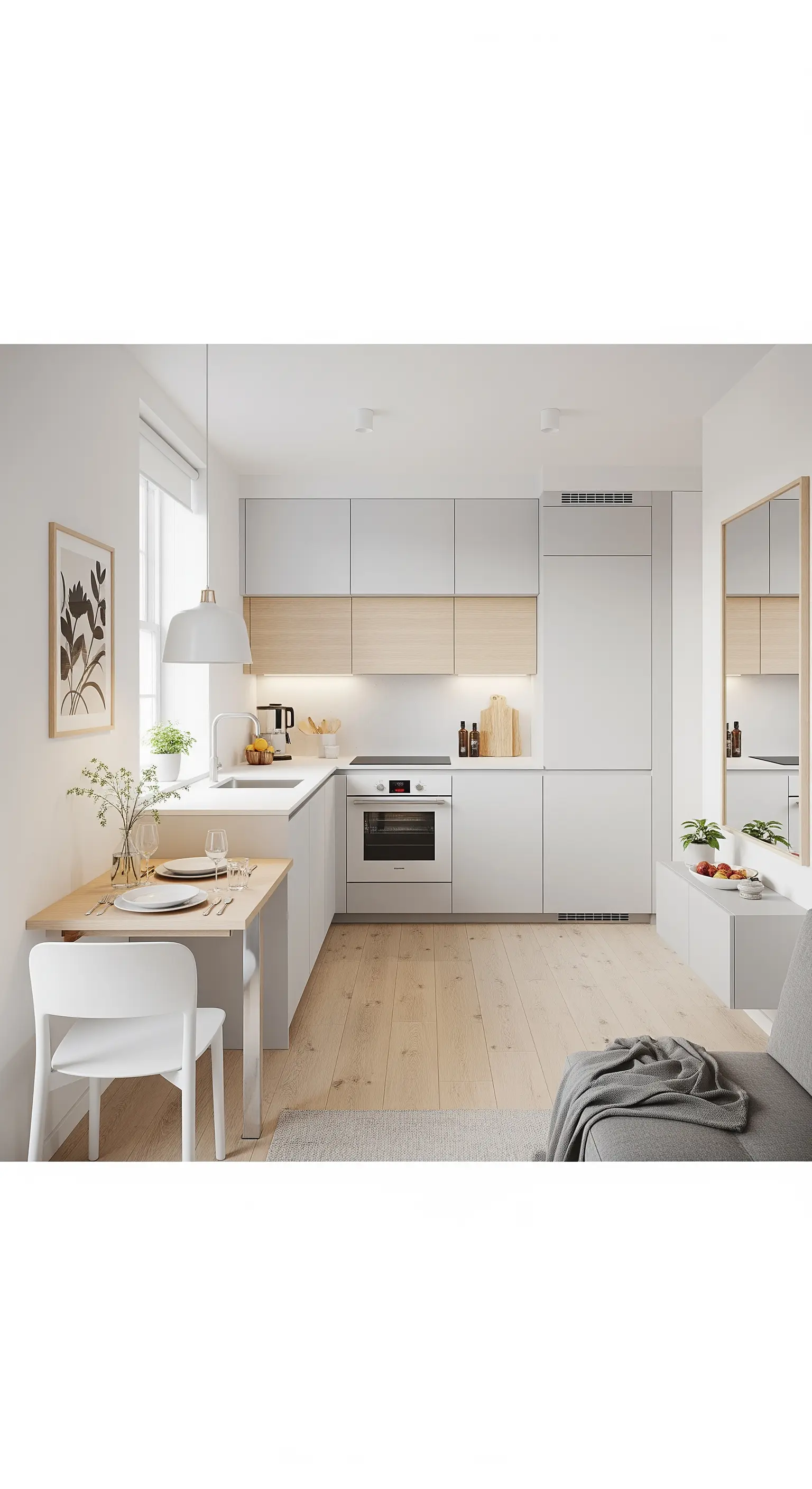 Kompakte, helle Wohnküche mit einem an die Arbeitsplatte angebauten Esstisch.