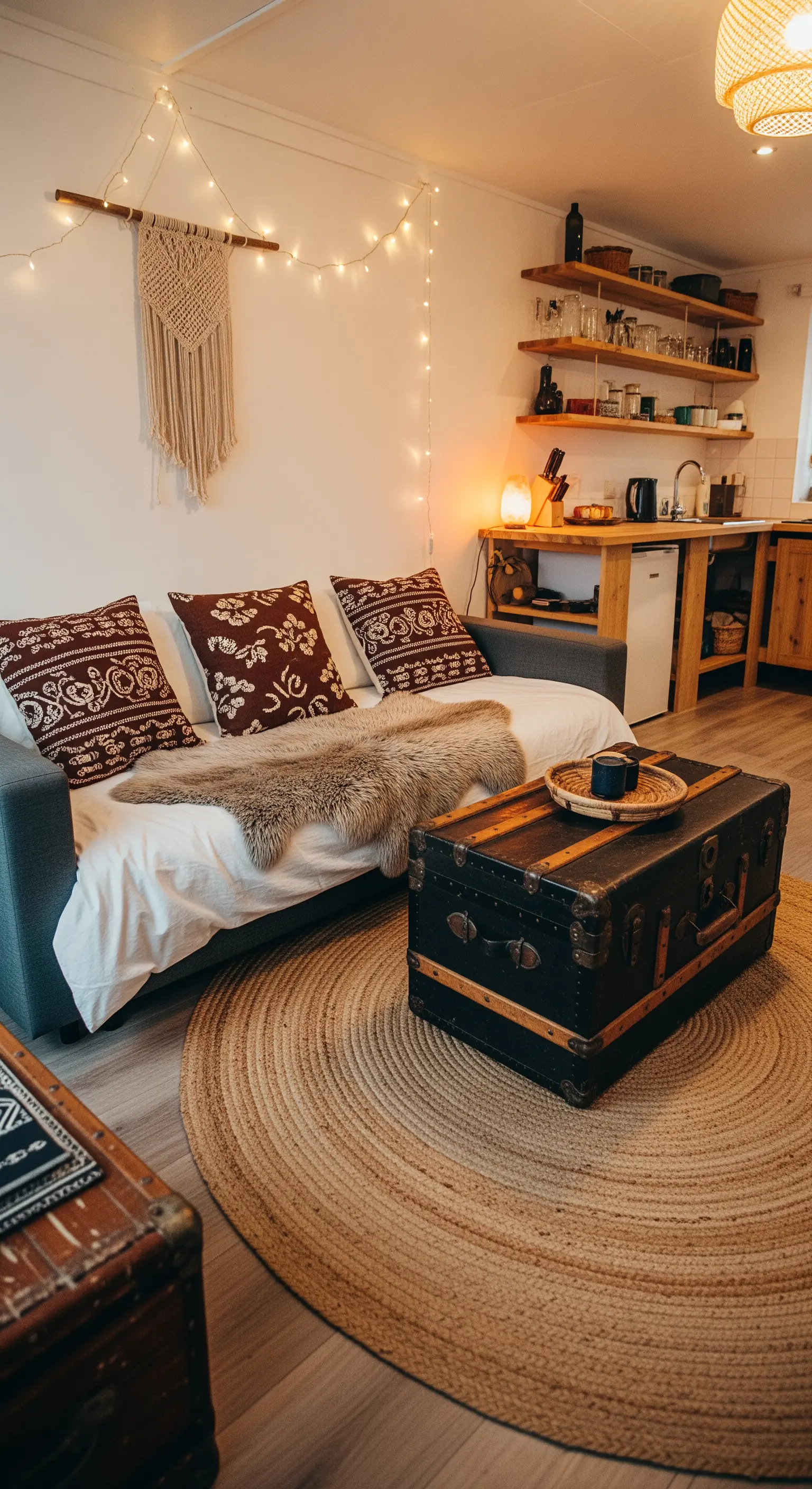 Ein runder Jute-Teppich und eine Vintage-Truhe als Couchtisch in einem gemütlichen Wohnbereich.