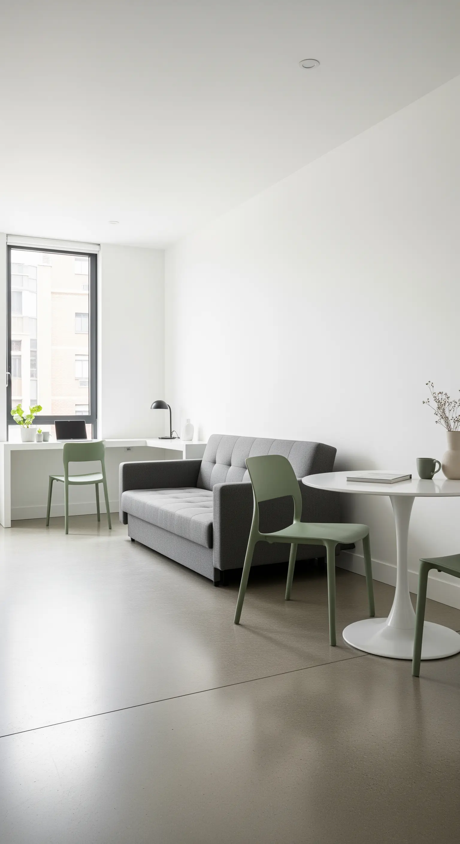 Helles Studio-Apartment mit klar definierten Zonen für Wohnen, Essen und Arbeiten.