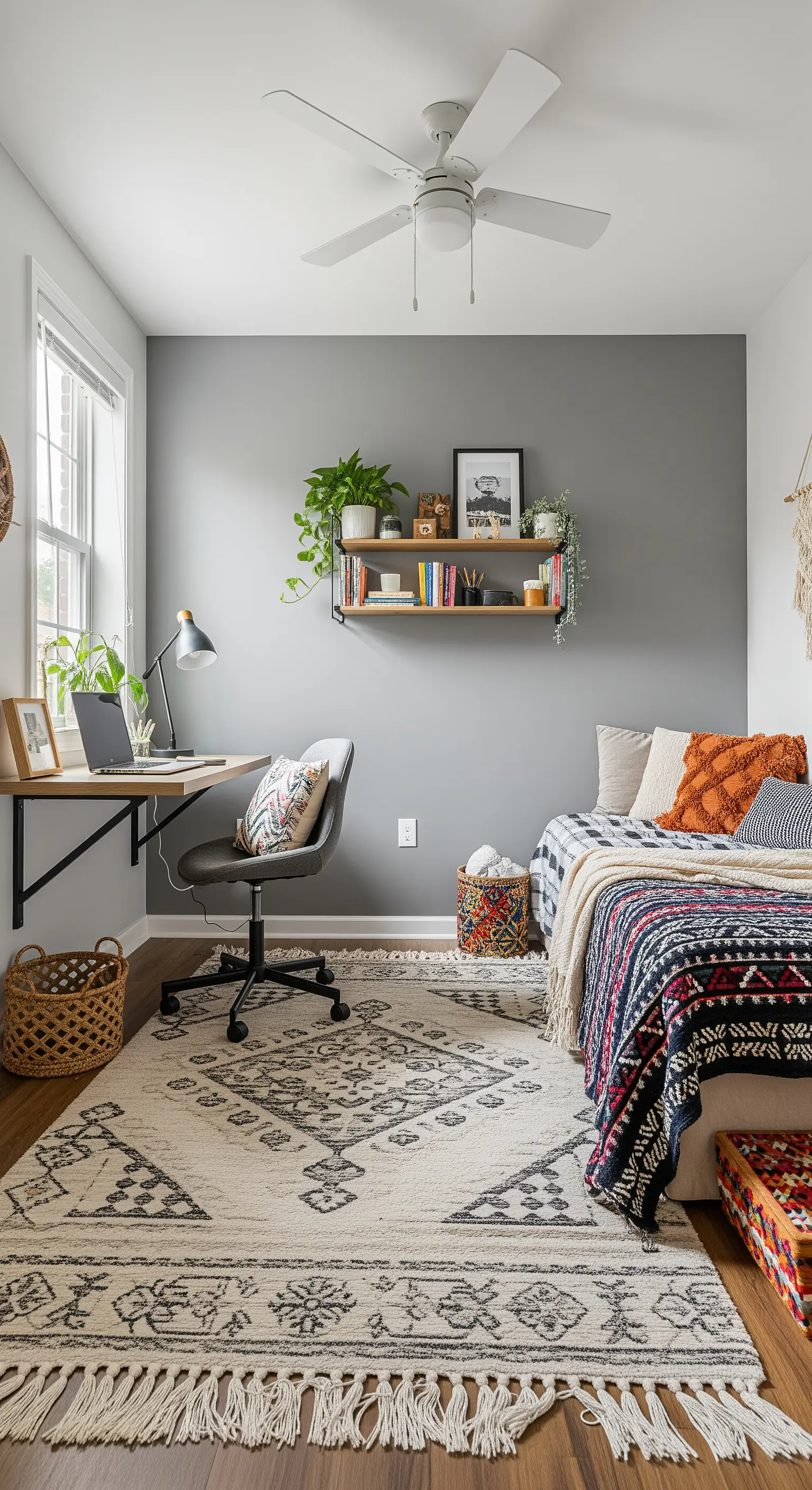 Kleines Zimmer mit Tagesbett, wandmontiertem Schreibtisch und großem Berberteppich.