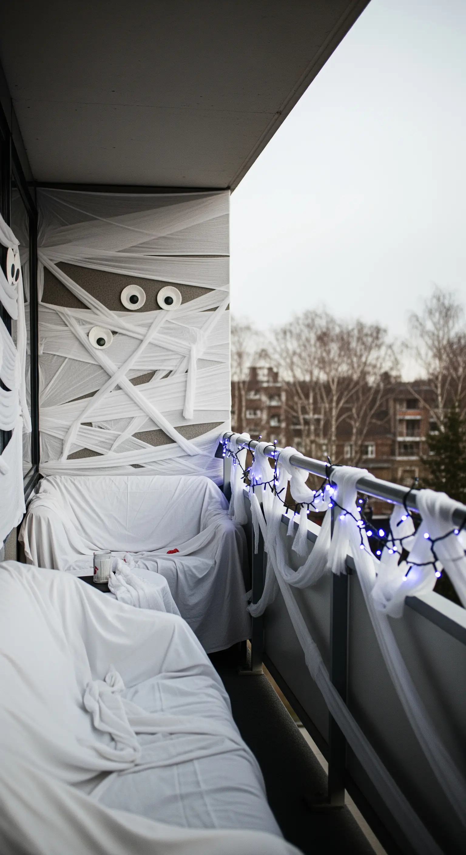 Balkon komplett in weiße Stoffbahnen gehüllt, mit großen Augen an der Wand und blauer Lichterkette.