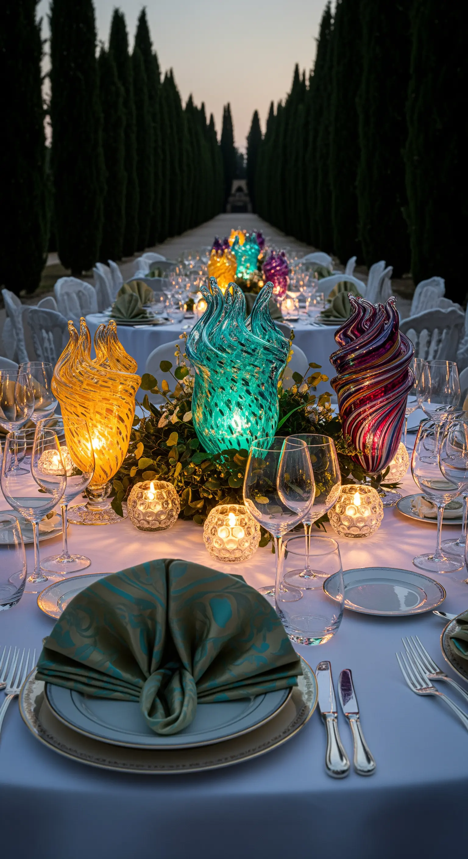 Langer weißer Tisch mit beleuchteten Murano-Glasvasen, Grün und vielen Teelichtern.