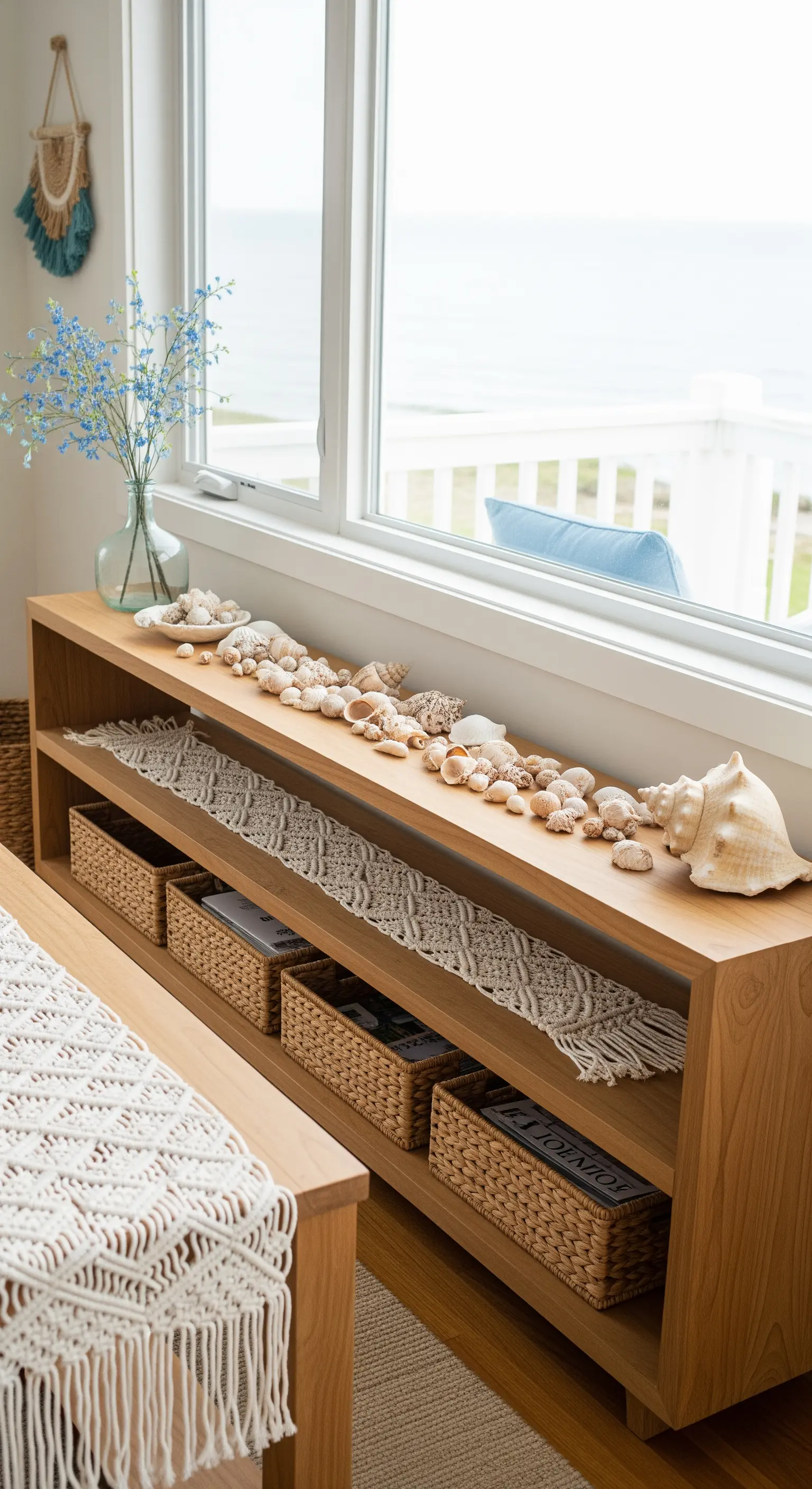 Langes Holz-Sideboard am Fenster mit einer Reihe von Muscheln auf einem Makramee-Läufer.