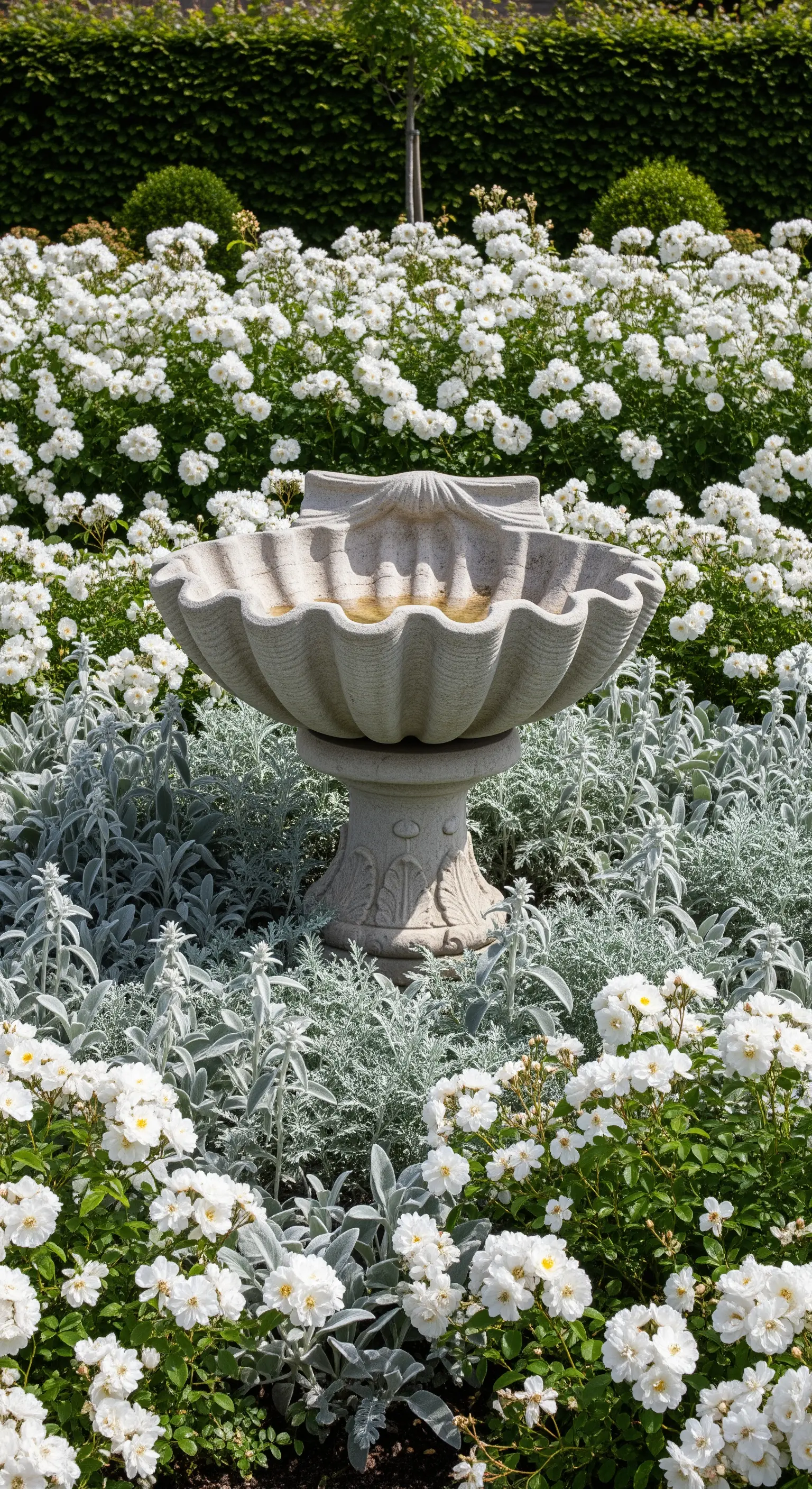 Muschelförmige Steinvogeltränke, umgeben von weißen Rosen und silbergrauen Pflanzen