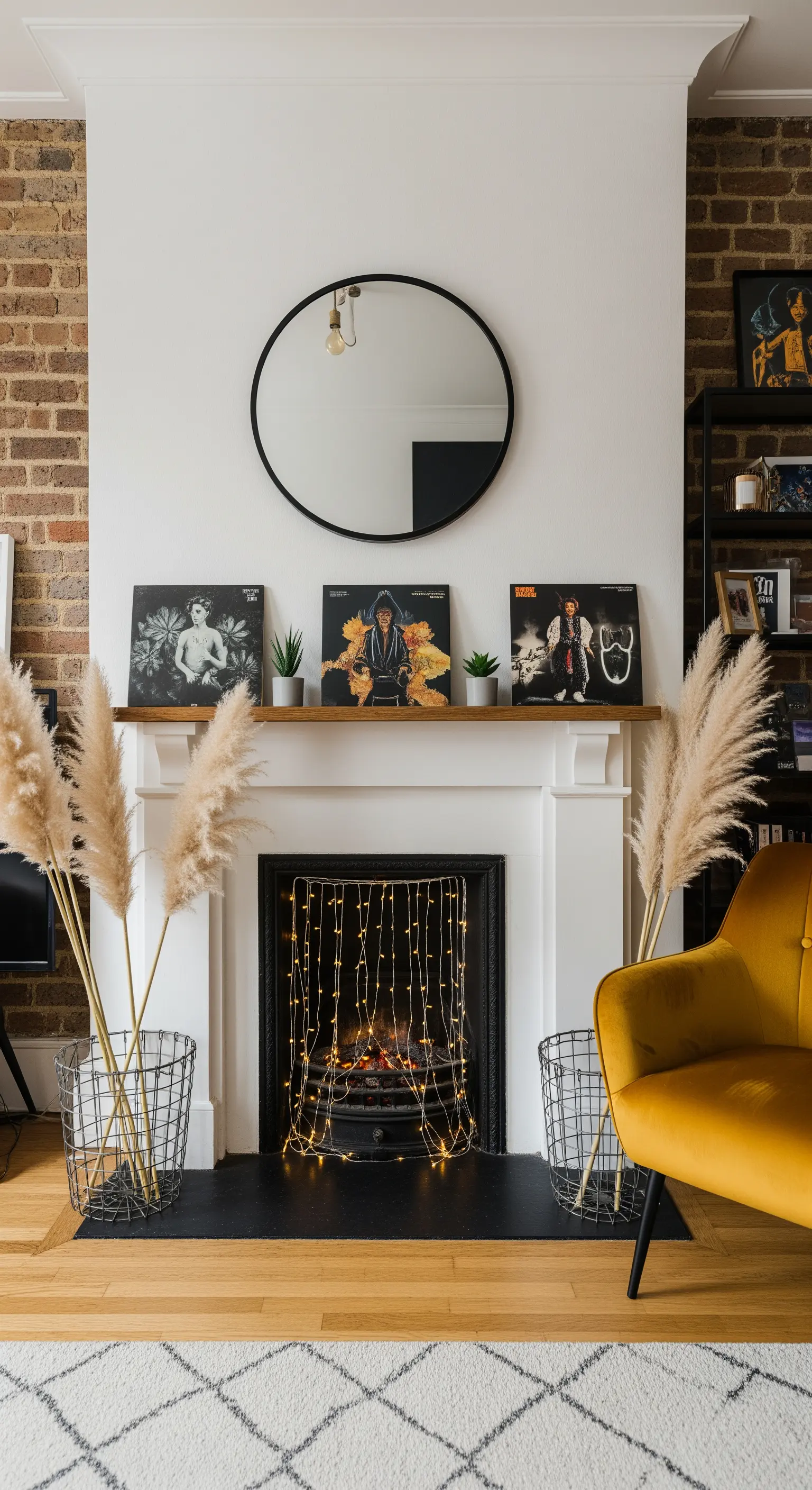 Kamin mit Schallplatten, Lichtervorhang und gelbem Sessel