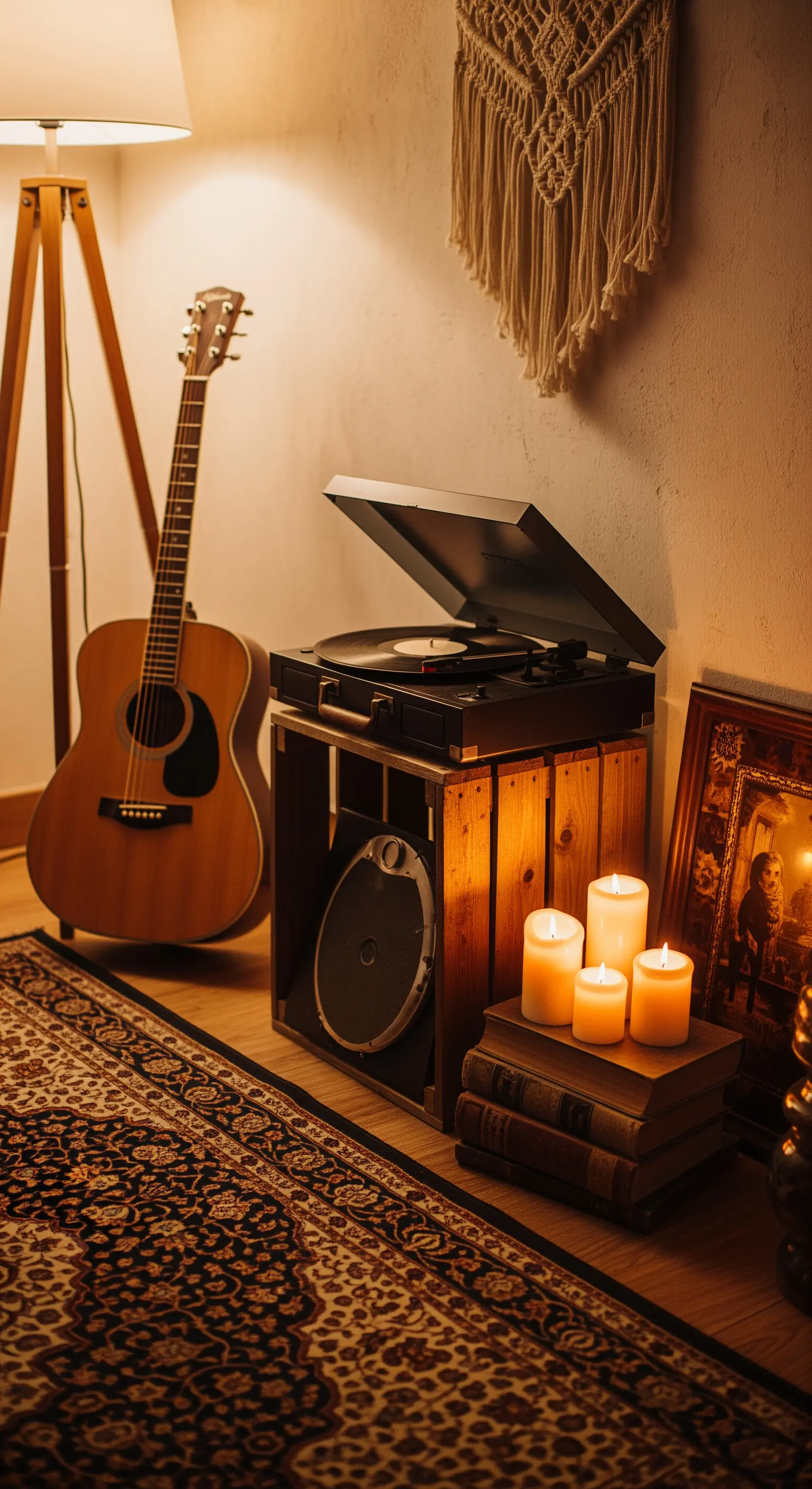 Gitarre und Plattenspieler auf Holzkisten, beleuchtet von warmen Kerzen