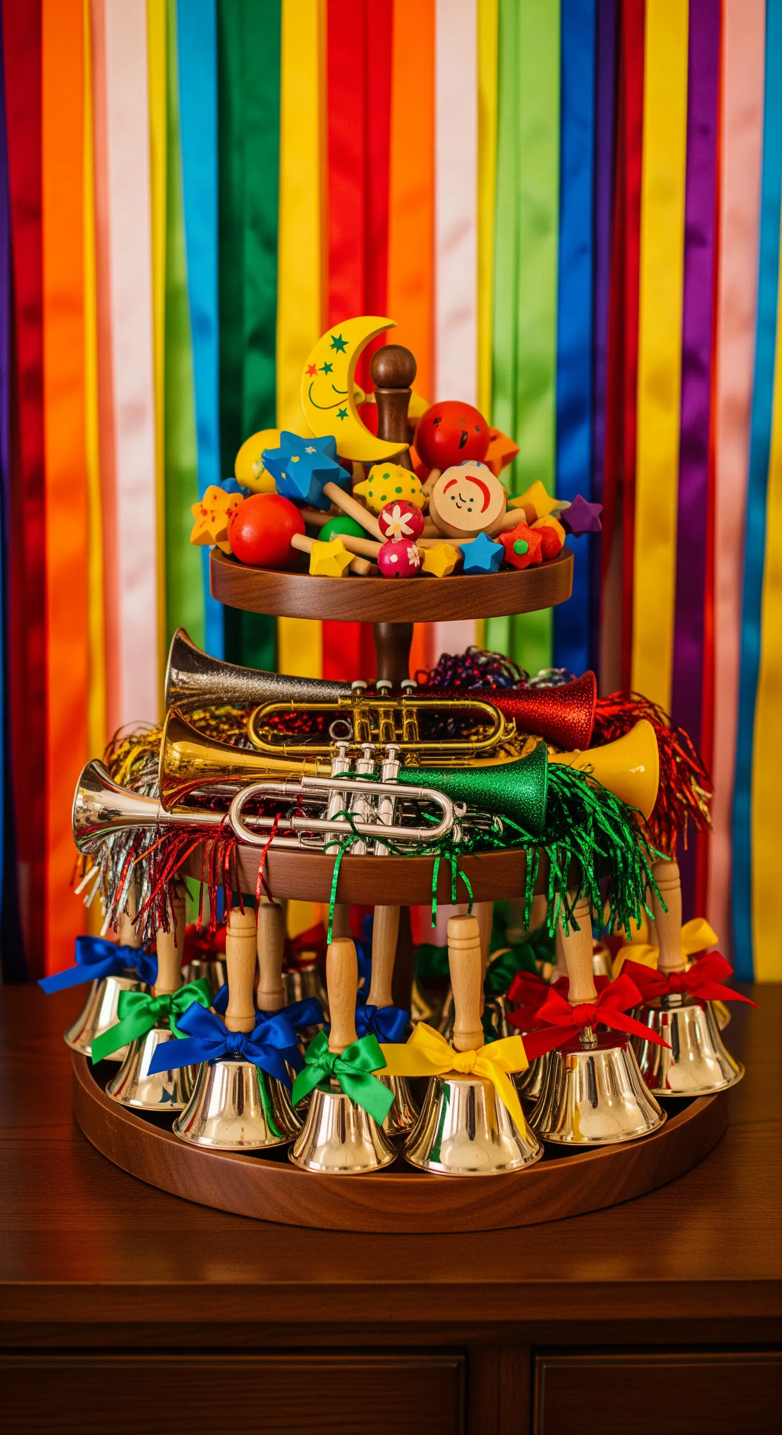 Etagere mit bunten Musikinstrumenten und Holzspielzeug für Kinder.