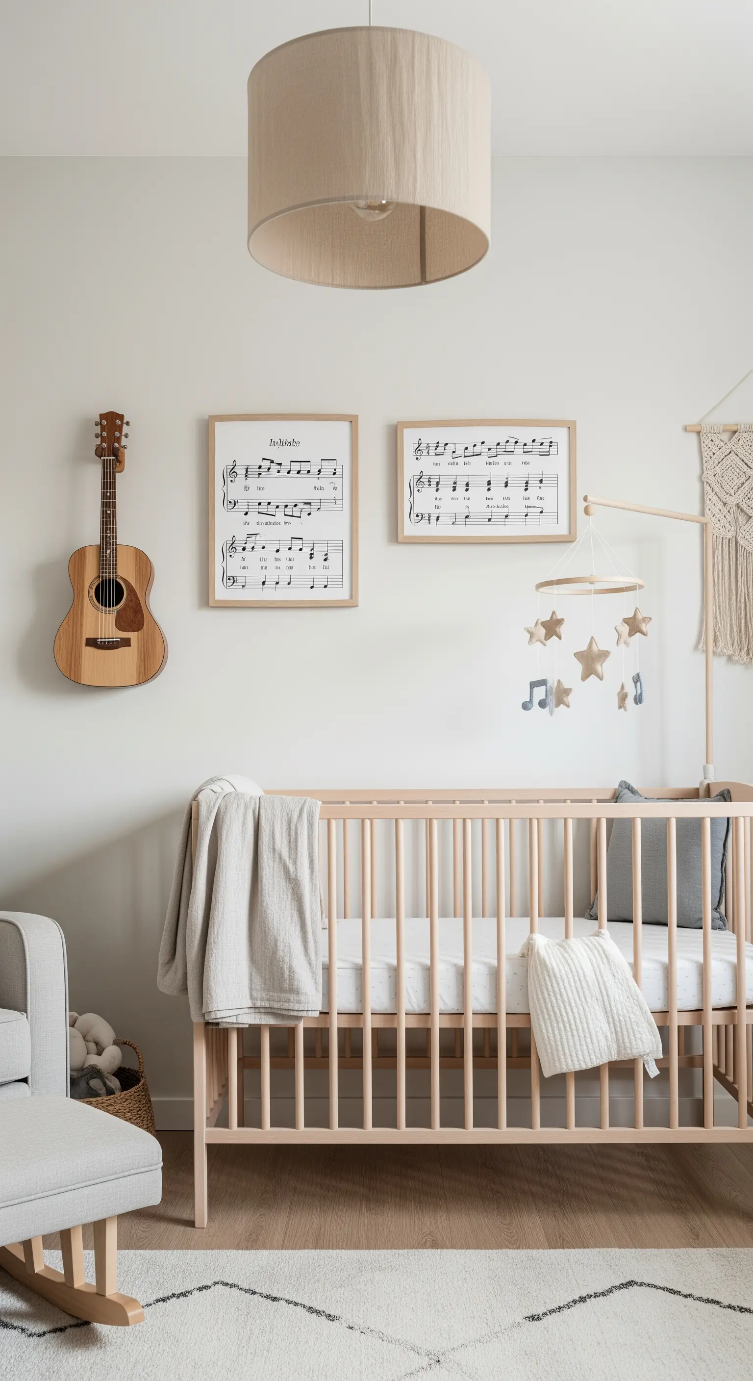 Kinderzimmer mit einer Gitarre und gerahmten Notenblättern an der Wand.