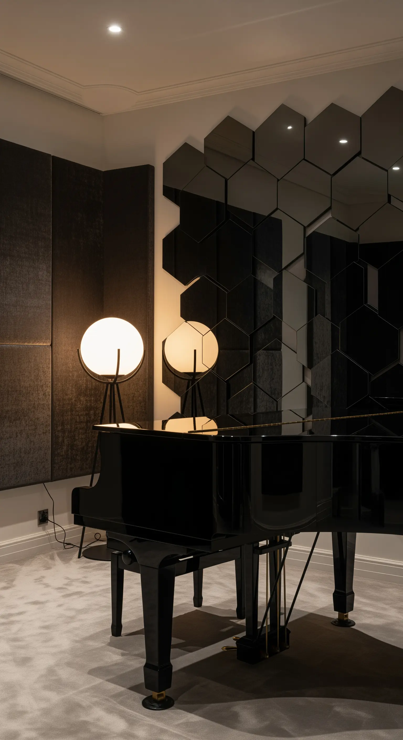 Musikzimmer mit Flügel, hexagonalen Spiegeln und Design-Stehleuchten