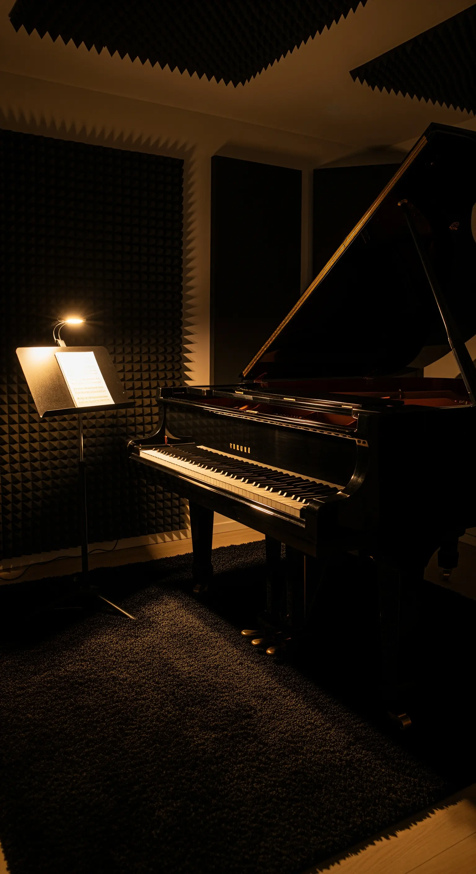 Musikzimmer mit schwarzem Flügel, Akustikpaneelen und warmer Leselampe