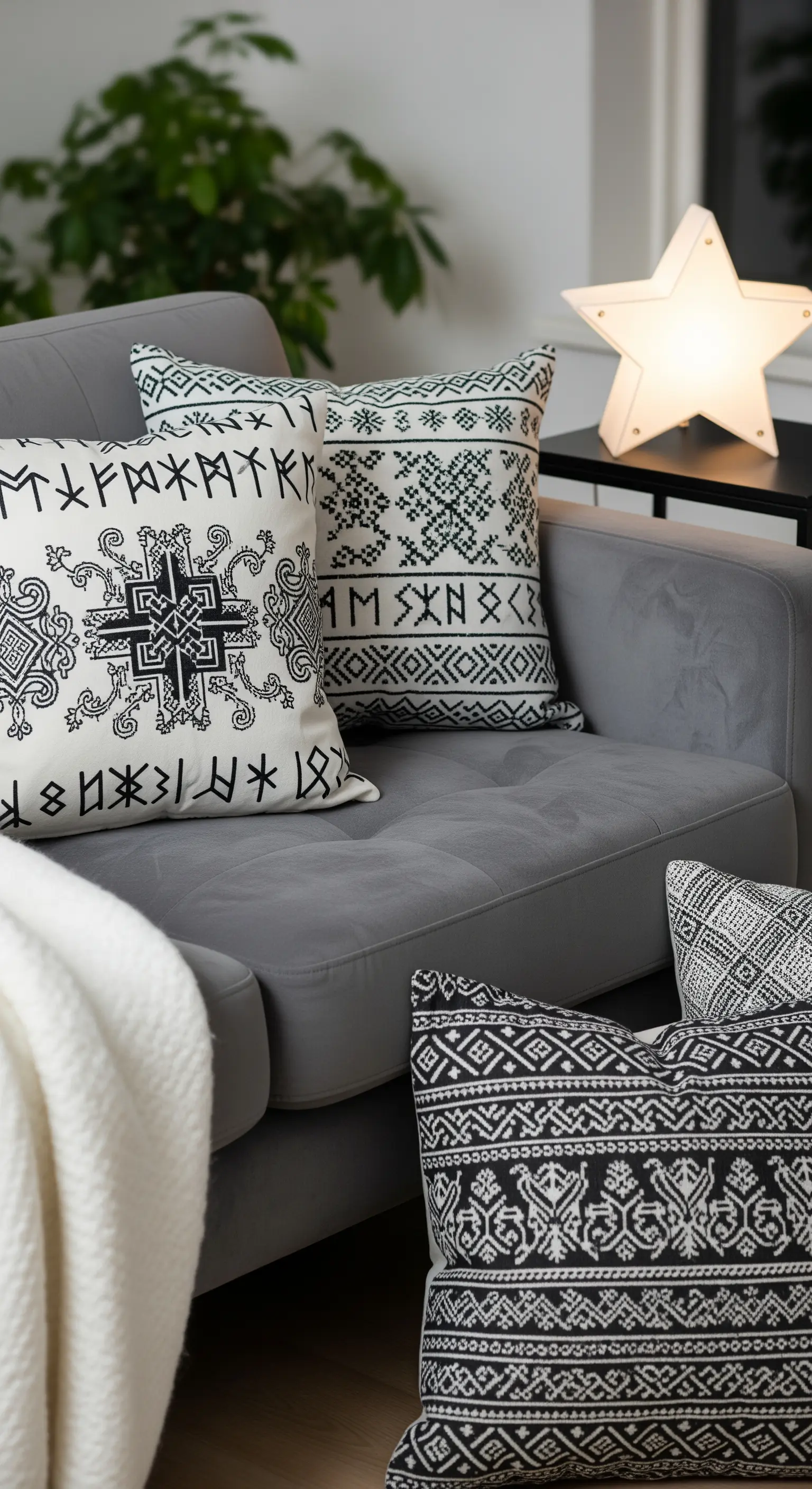 Sofa mit schwarz-weißen Kissen in verschiedenen Mustern und Sternenlampe.