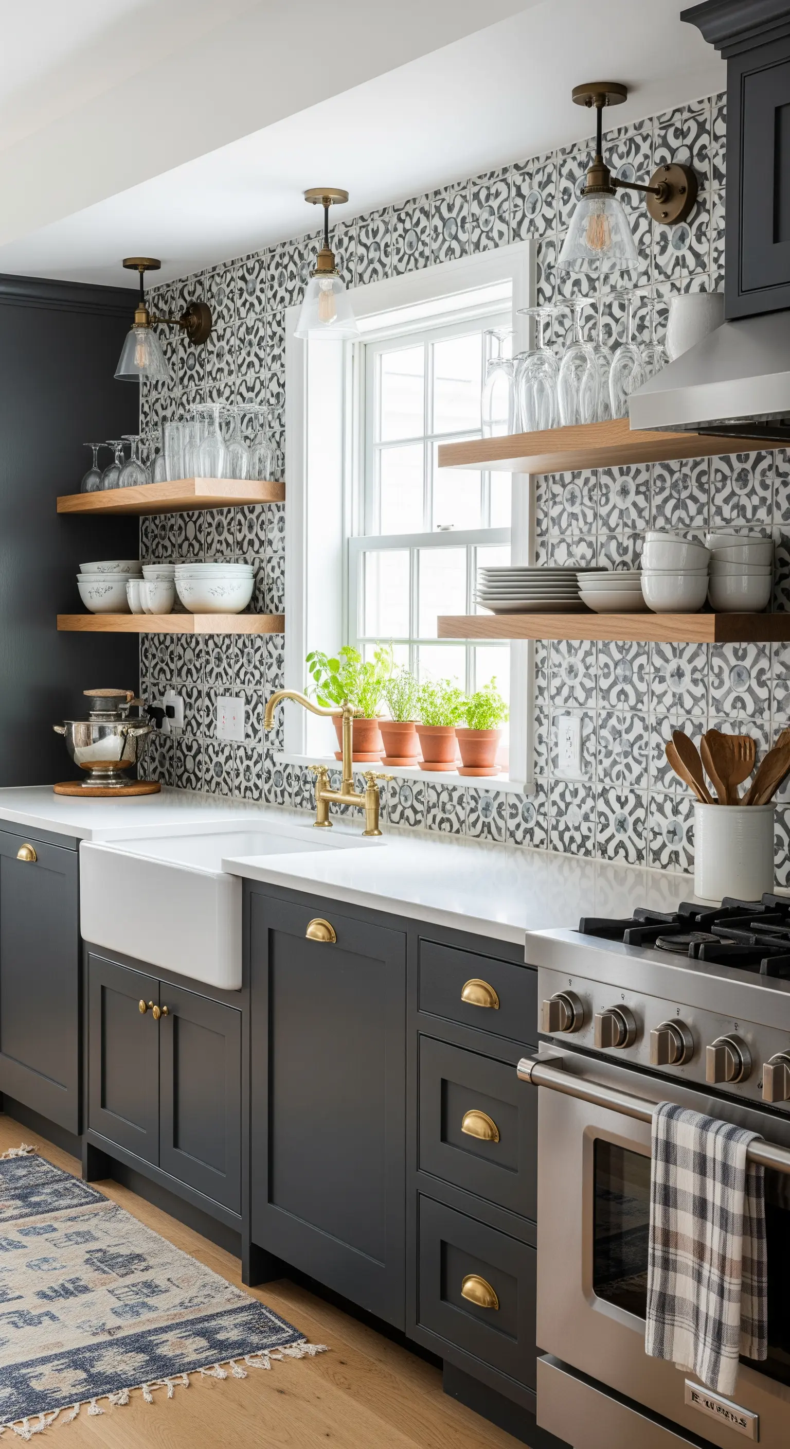 Boho-Küche mit gemusterter Fliesenrückwand, Holzregalen und Messing-Details.