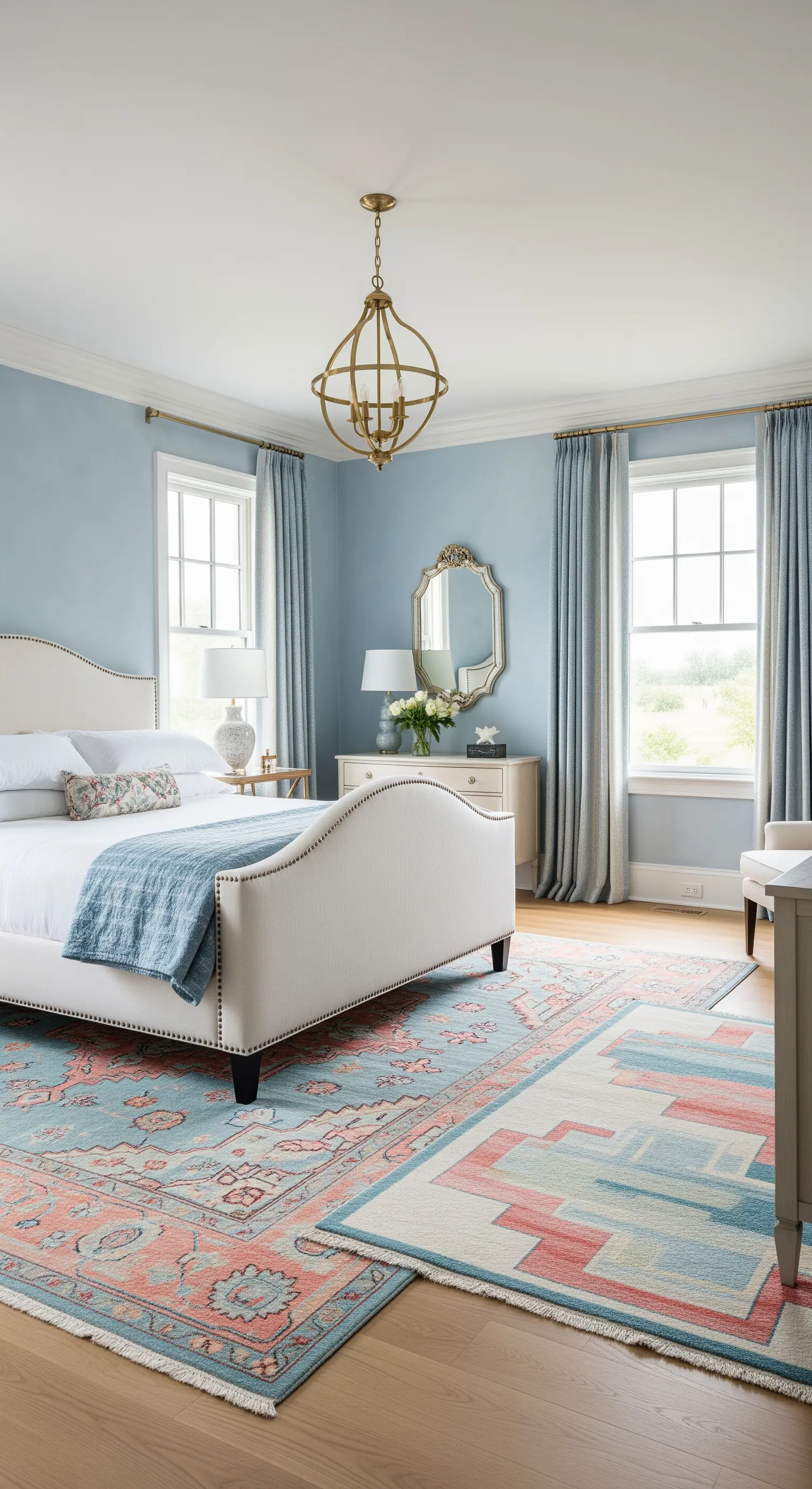 Helles Schlafzimmer mit mehreren überlappenden Teppichen in Koralle und Blau mit unterschiedlichen Mustern