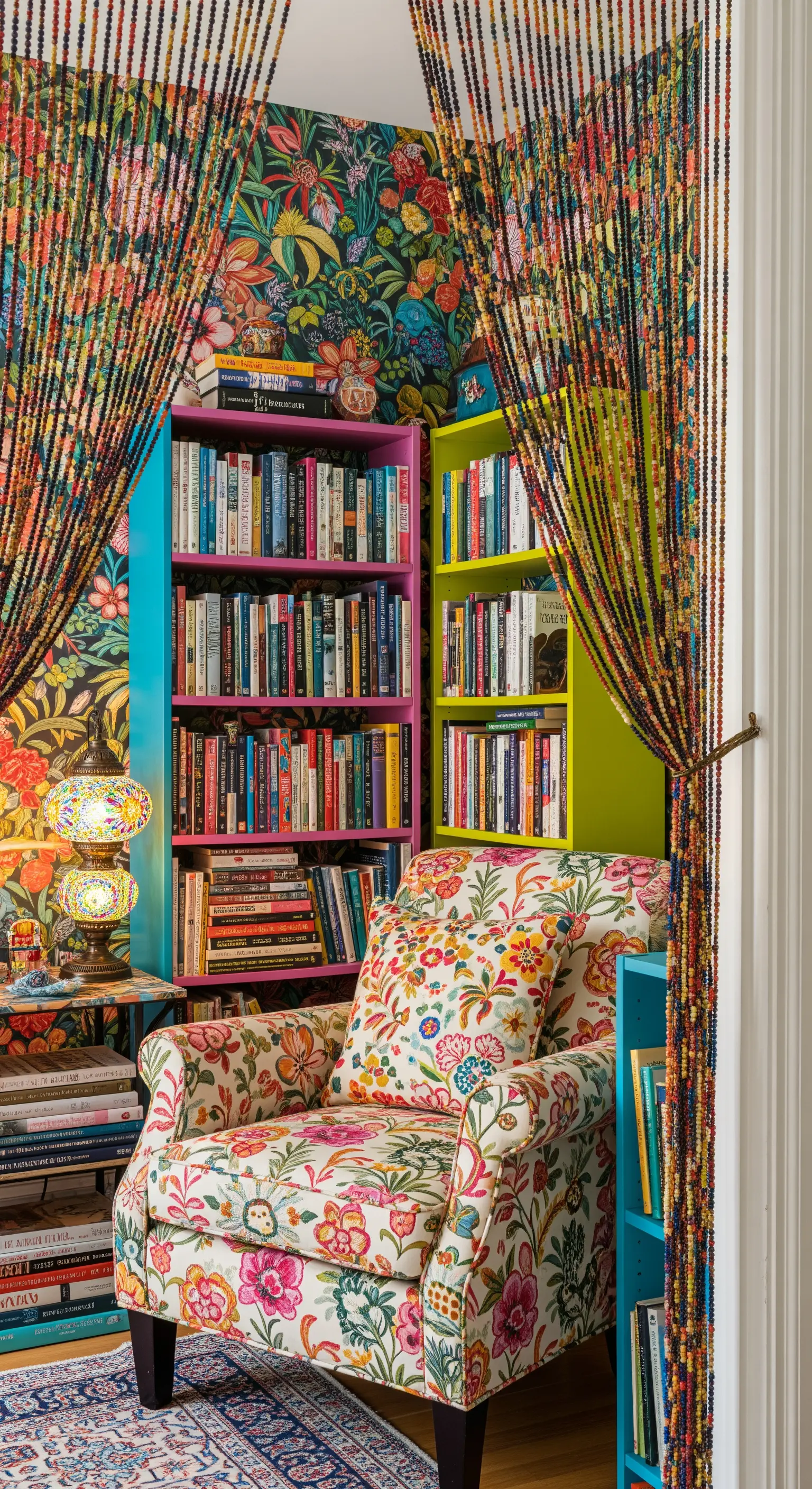 Eklektische, farbenfrohe Leseecke mit Blumentapete, gemustertem Sessel und bunten Regalen.