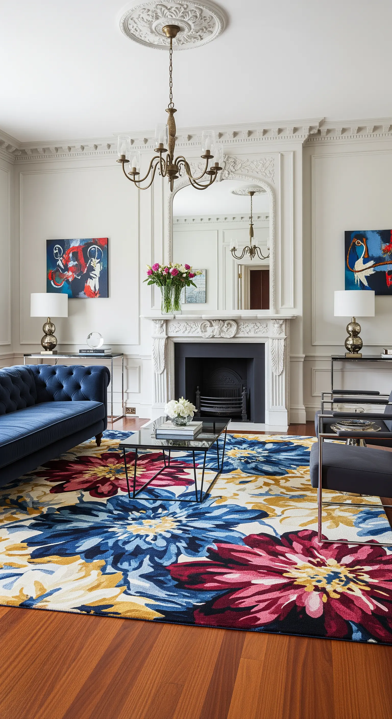 Klassisches Wohnzimmer mit Stuck, dominiert von einem großen, bunten Blumenteppich.