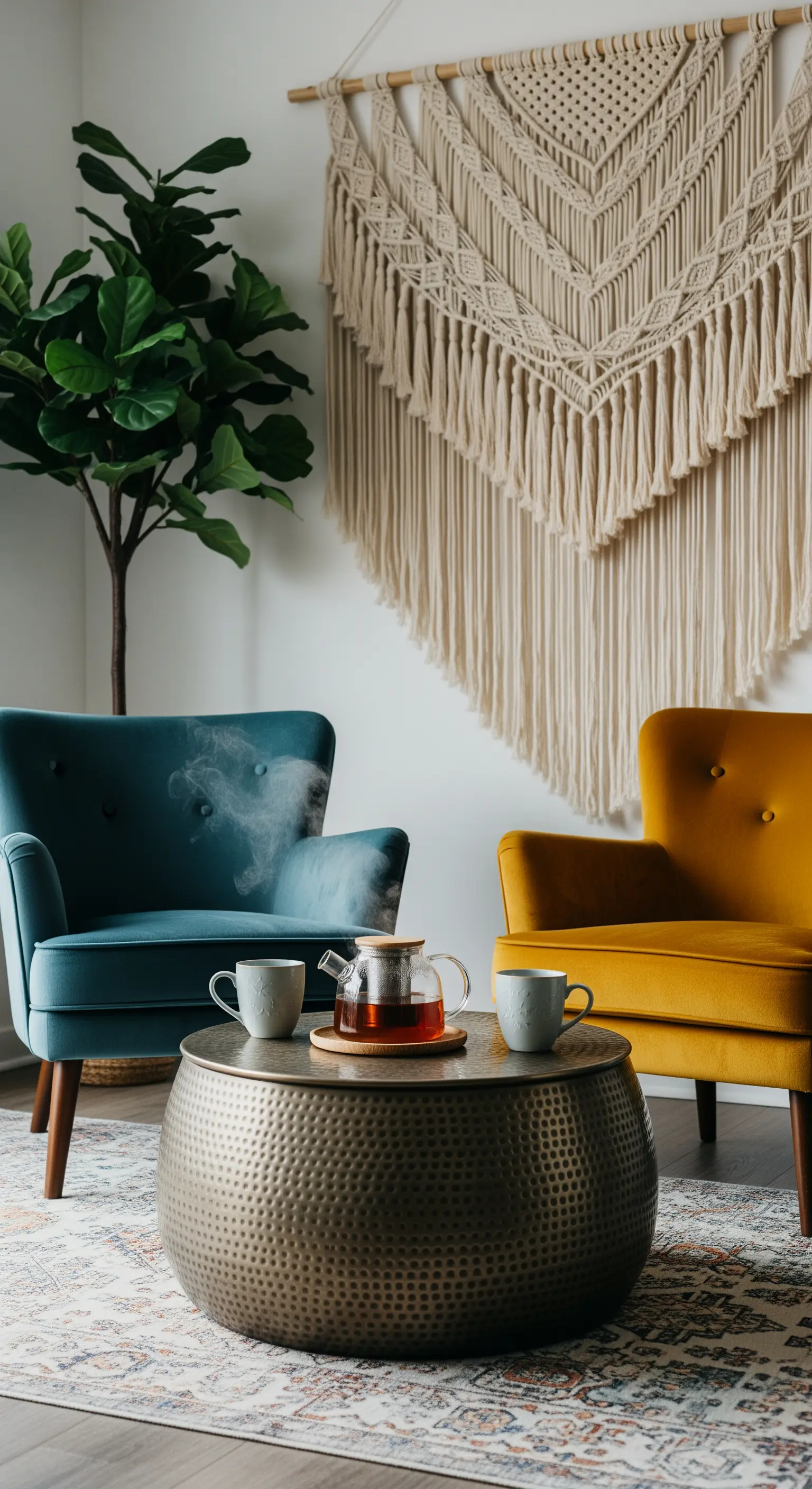 Blauer und gelber Samtsessel an einem gehämmerten Messing-Couchtisch.