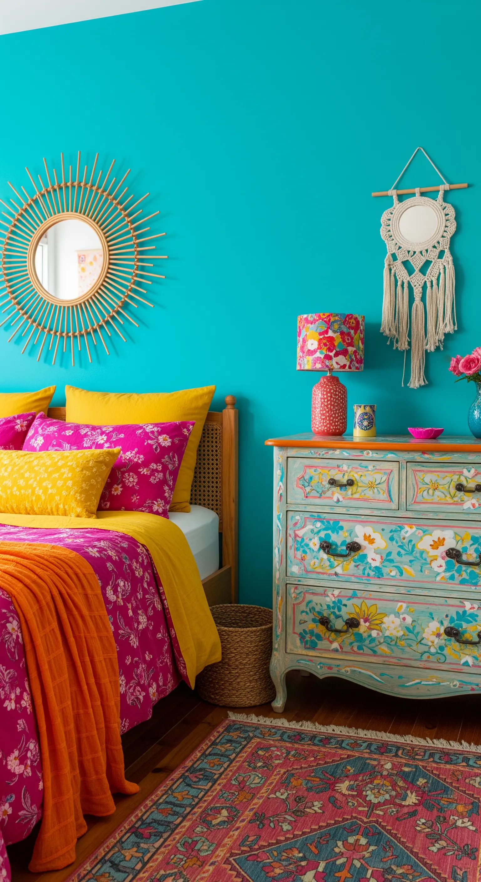Farbenfrohes, maximalistisches Boho-Schlafzimmer mit türkiser Wand und pink-gelber Deko.