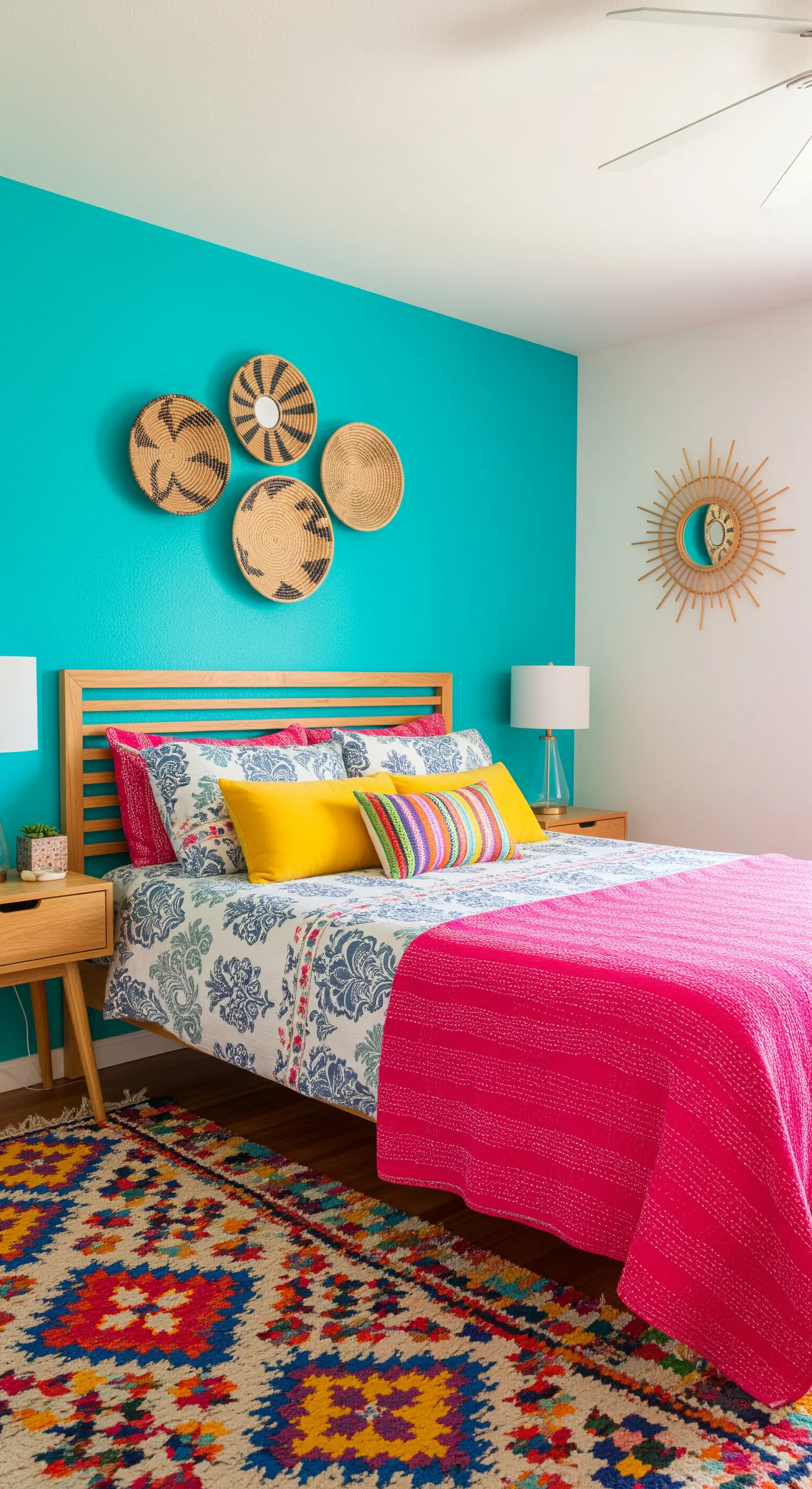 Farbenfrohes Boho-Schlafzimmer mit einer türkisfarbenen Wand und Textilien in Pink und Gelb.