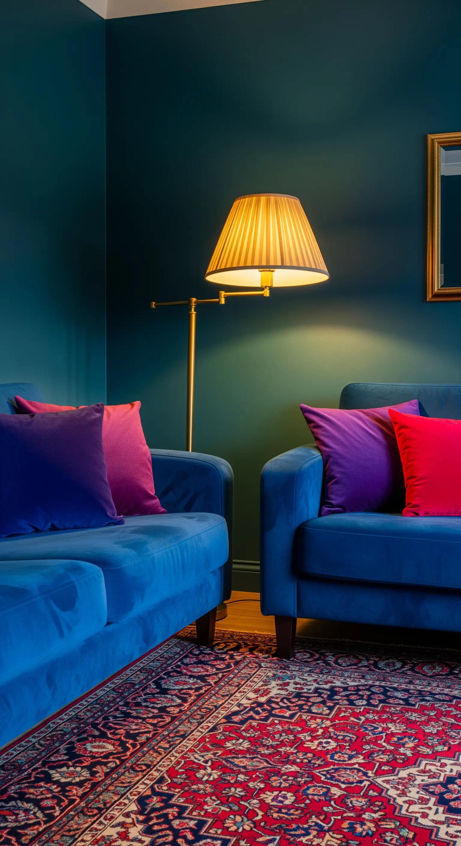 Ein dunkelblaues Samtsofa vor einer petrolfarbenen Wand, akzentuiert mit pinken Kissen und einer Goldlampe.