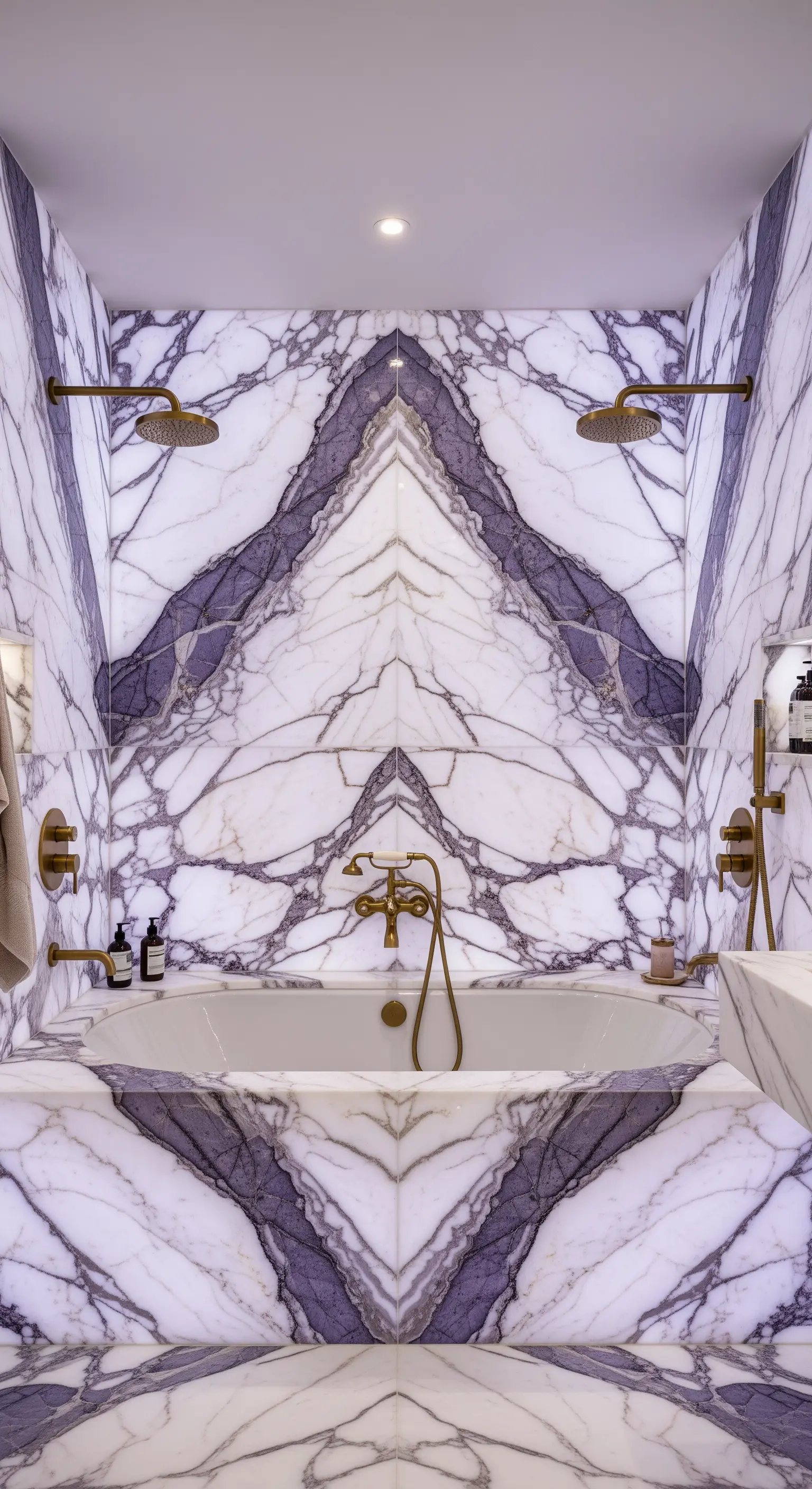 Luxuriöse Badewanne umgeben von dramatischem, gespiegeltem Marmor mit lila Aderung.