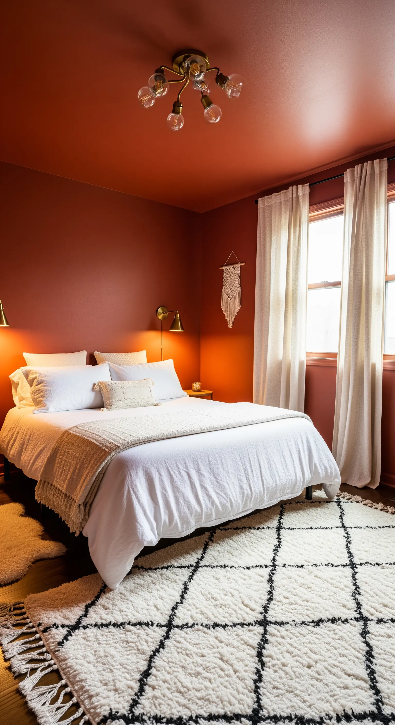 Ein Schlafzimmer mit Wänden und Decke in einem warmen Terrakotta-Farbton und weißer Bettwäsche.