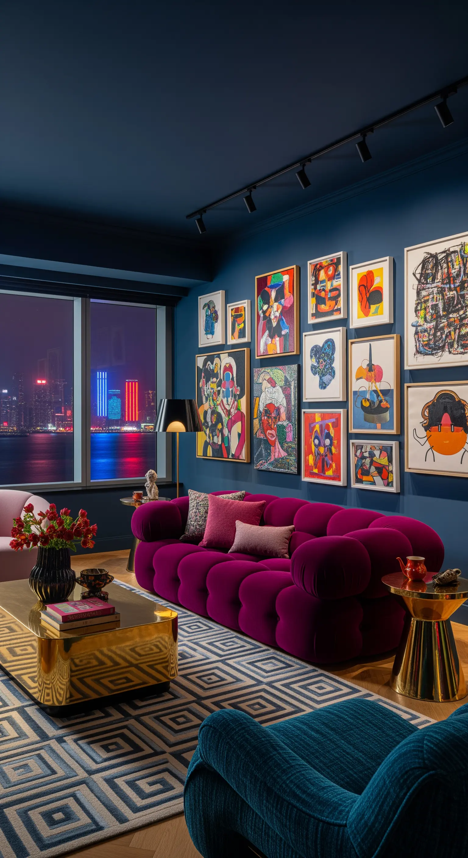 Farbenfrohes Wohnzimmer mit dunkelblauer Wand, pinkem Sofa, viel Kunst und Nachtblick auf eine Stadt.