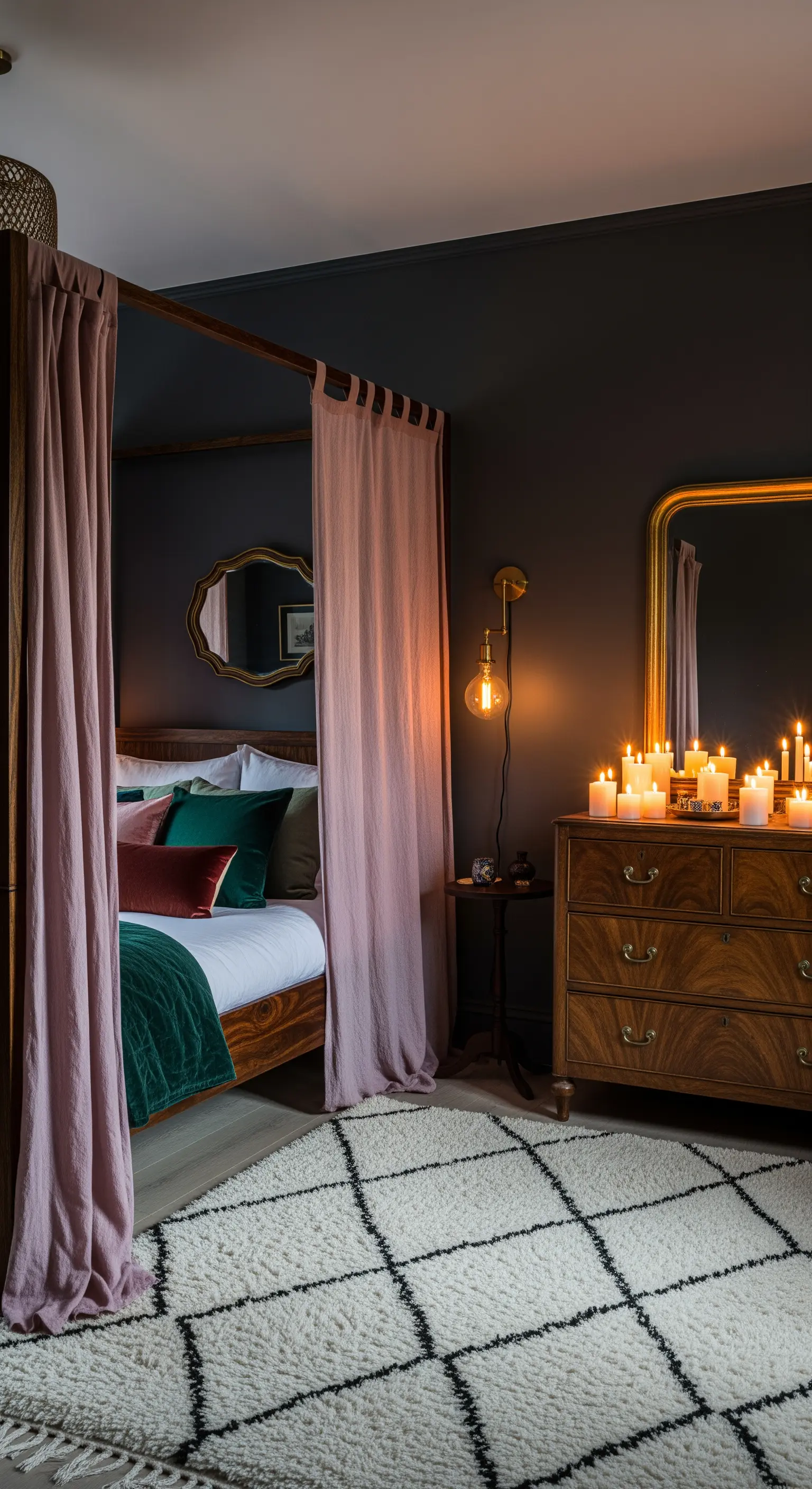 Dunkles Schlafzimmer mit Himmelbett, rosa Vorhängen und einer Gruppe von Kerzen auf einer Kommode
