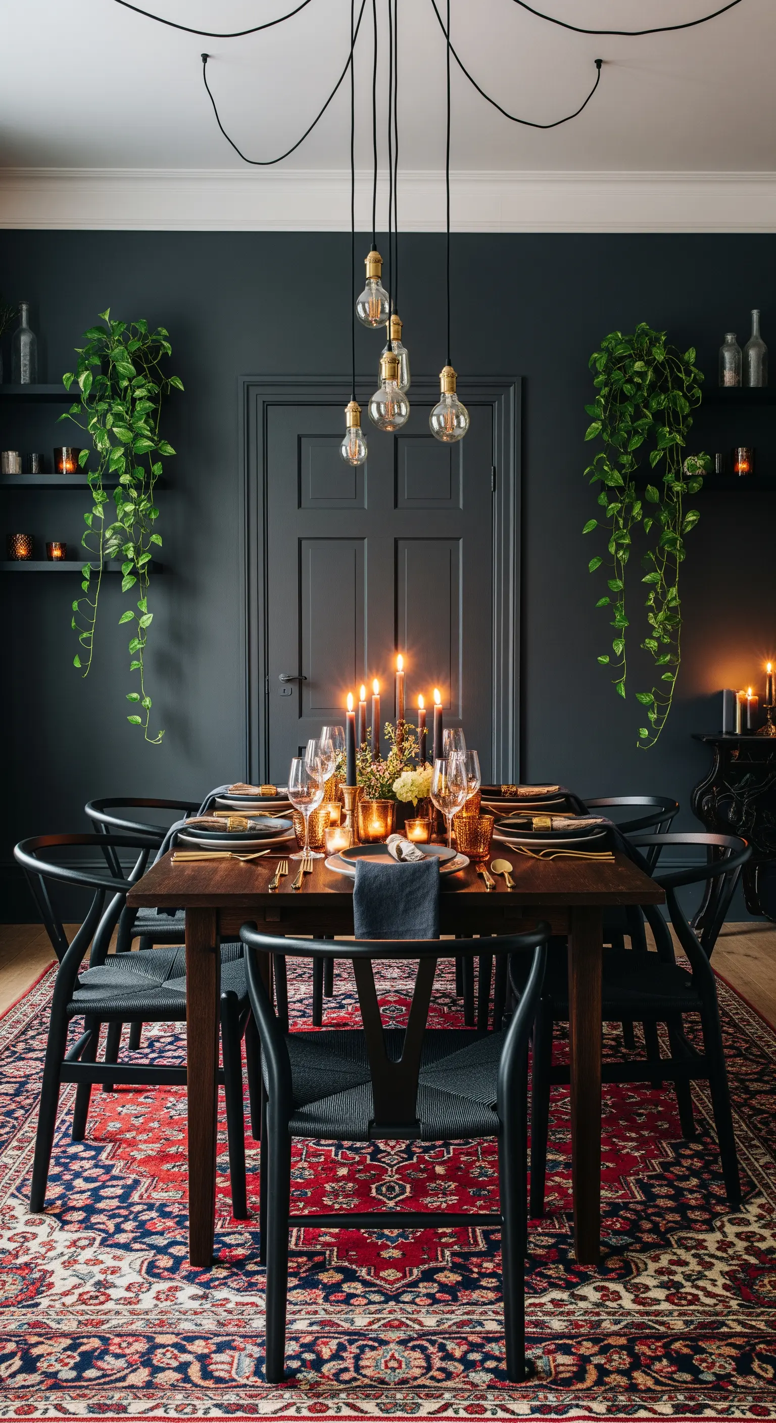 Dunkelgraues Esszimmer mit Kerzenlicht und einem leuchtend roten Teppich.