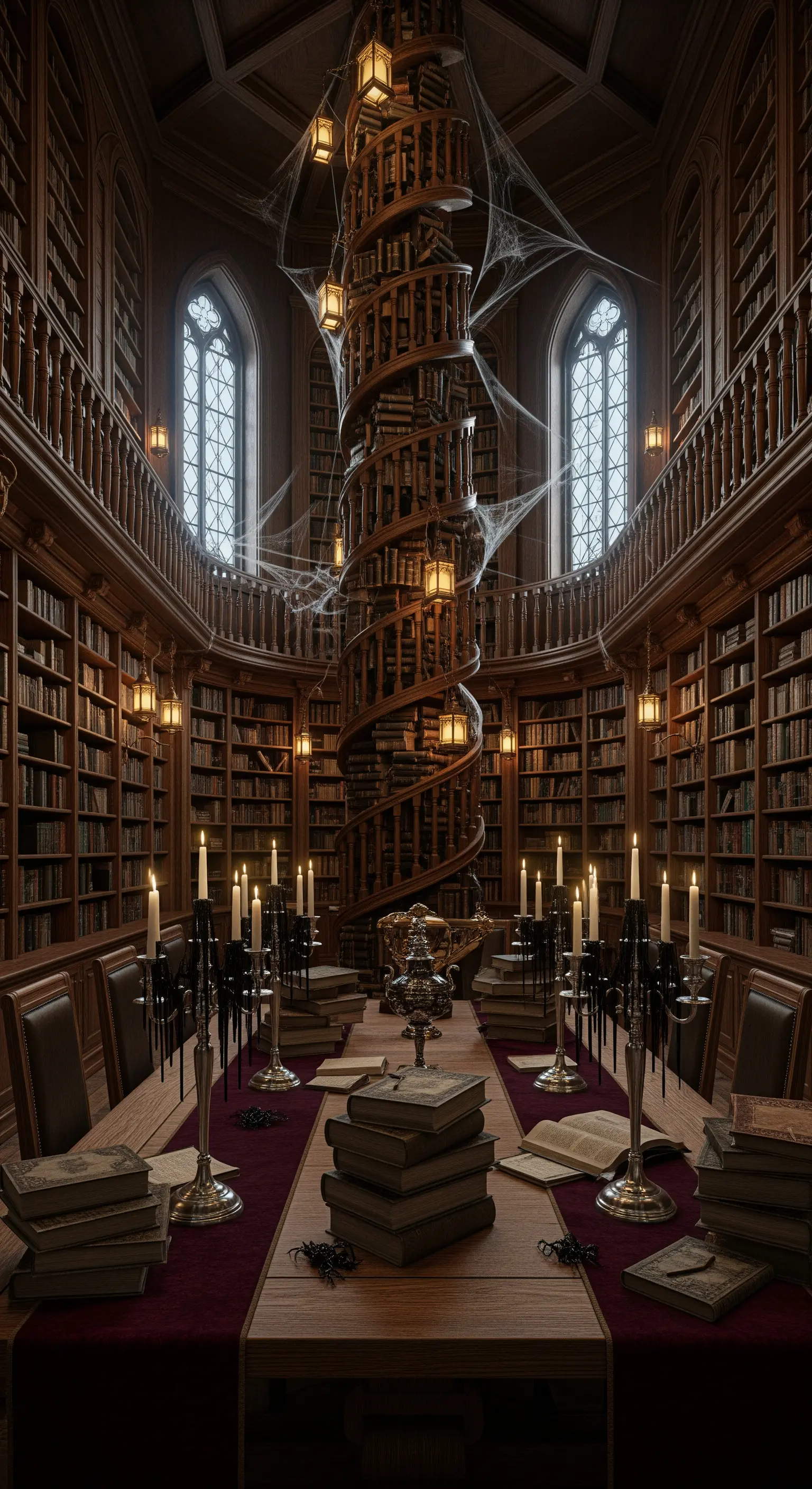 Grandiose Bibliothek, Esstisch, Kerzen, Spinnweben, alte Bücher, Dark Academia.